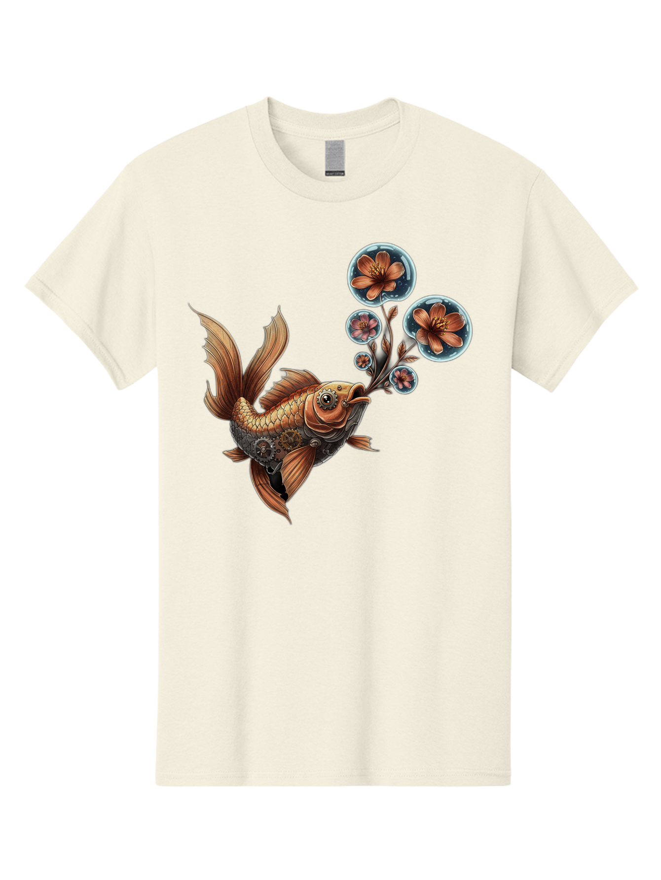 Goldfish-With-Flowers Men'S Graphic Tee, 100% Cotton, Comfortable Casual Summer Wear, Machine Washable, Koi Fish, Lotus Flowers, Bubbles, Floral Design, Fish Illustration, Orange And Gold, Water Theme, Decorative Art, Symbolic Fish, Bae189