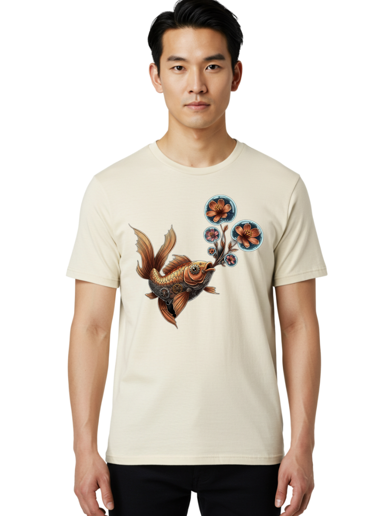 Goldfish-With-Flowers Men'S Graphic Tee, 100% Cotton, Comfortable Casual Summer Wear, Machine Washable, Koi Fish, Lotus Flowers, Bubbles, Floral Design, Fish Illustration, Orange And Gold, Water Theme, Decorative Art, Symbolic Fish, Bae189