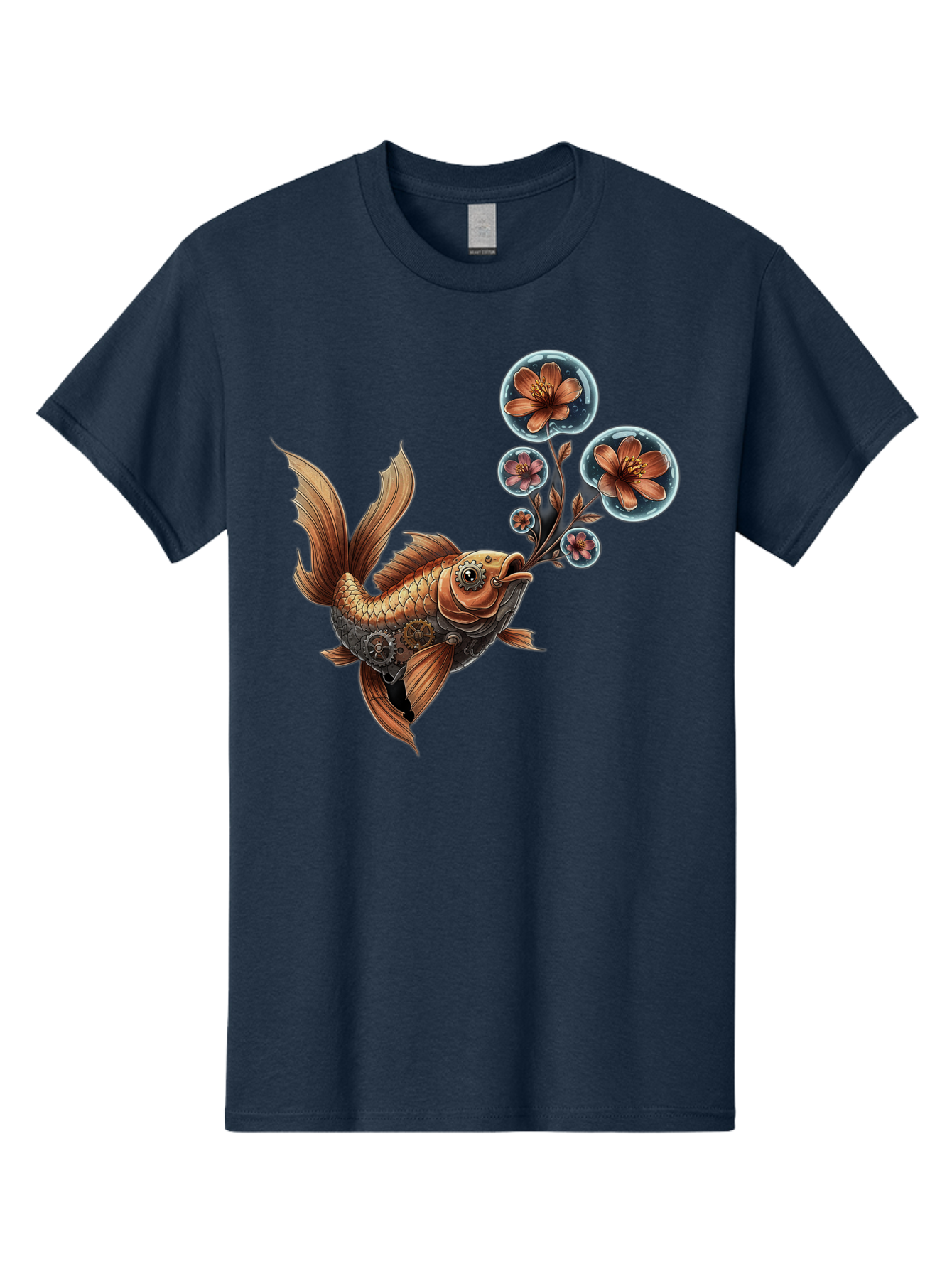 Goldfish-With-Flowers Men'S Graphic Tee, 100% Cotton, Comfortable Casual Summer Wear, Machine Washable, Koi Fish, Lotus Flowers, Bubbles, Floral Design, Fish Illustration, Orange And Gold, Water Theme, Decorative Art, Symbolic Fish, Bae189