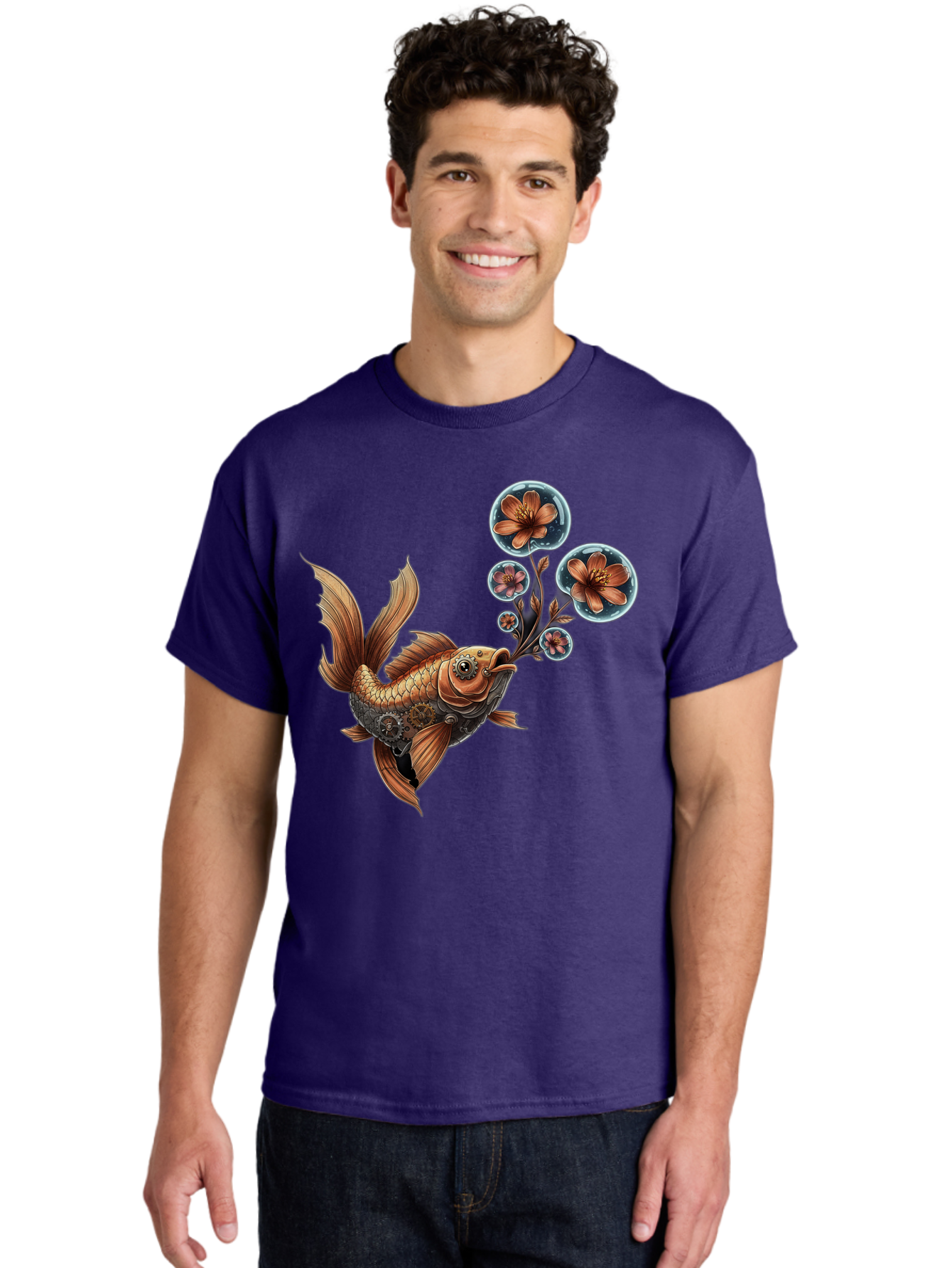 Goldfish-With-Flowers Men'S Graphic Tee, 100% Cotton, Comfortable Casual Summer Wear, Machine Washable, Koi Fish, Lotus Flowers, Bubbles, Floral Design, Fish Illustration, Orange And Gold, Water Theme, Decorative Art, Symbolic Fish, Bae189