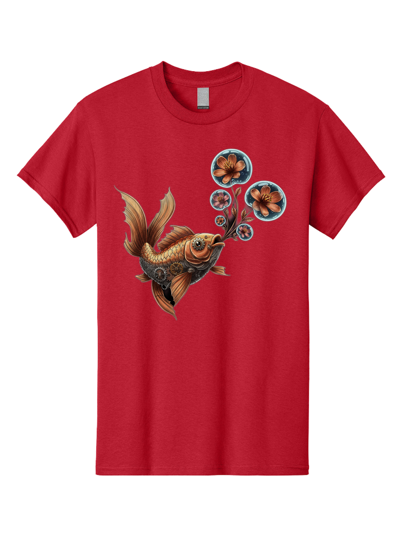 Goldfish-With-Flowers Men'S Graphic Tee, 100% Cotton, Comfortable Casual Summer Wear, Machine Washable, Koi Fish, Lotus Flowers, Bubbles, Floral Design, Fish Illustration, Orange And Gold, Water Theme, Decorative Art, Symbolic Fish, Bae189