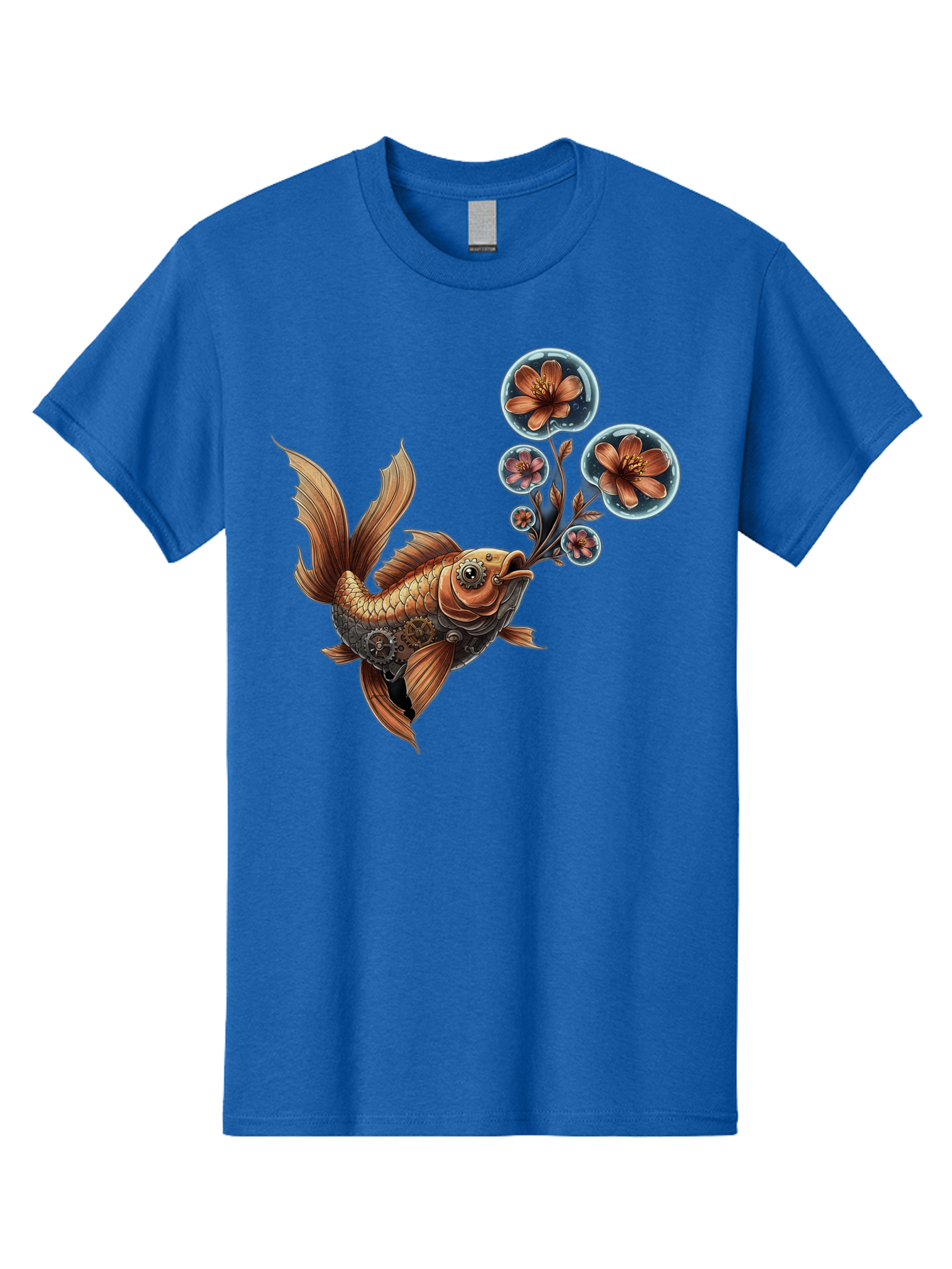 Goldfish-With-Flowers Men'S Graphic Tee, 100% Cotton, Comfortable Casual Summer Wear, Machine Washable, Koi Fish, Lotus Flowers, Bubbles, Floral Design, Fish Illustration, Orange And Gold, Water Theme, Decorative Art, Symbolic Fish, Bae189