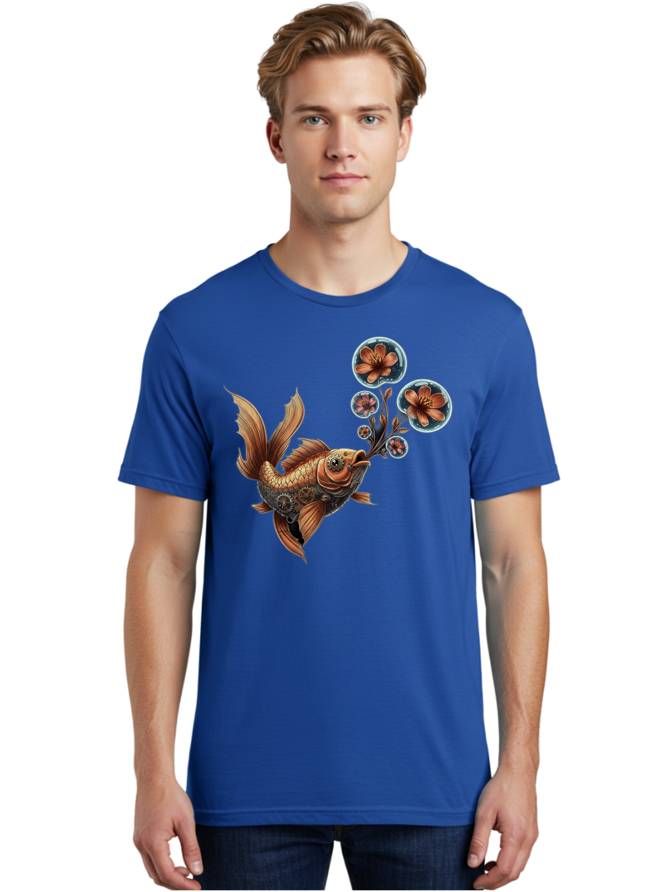 Goldfish-With-Flowers Men'S Graphic Tee, 100% Cotton, Comfortable Casual Summer Wear, Machine Washable, Koi Fish, Lotus Flowers, Bubbles, Floral Design, Fish Illustration, Orange And Gold, Water Theme, Decorative Art, Symbolic Fish, Bae189