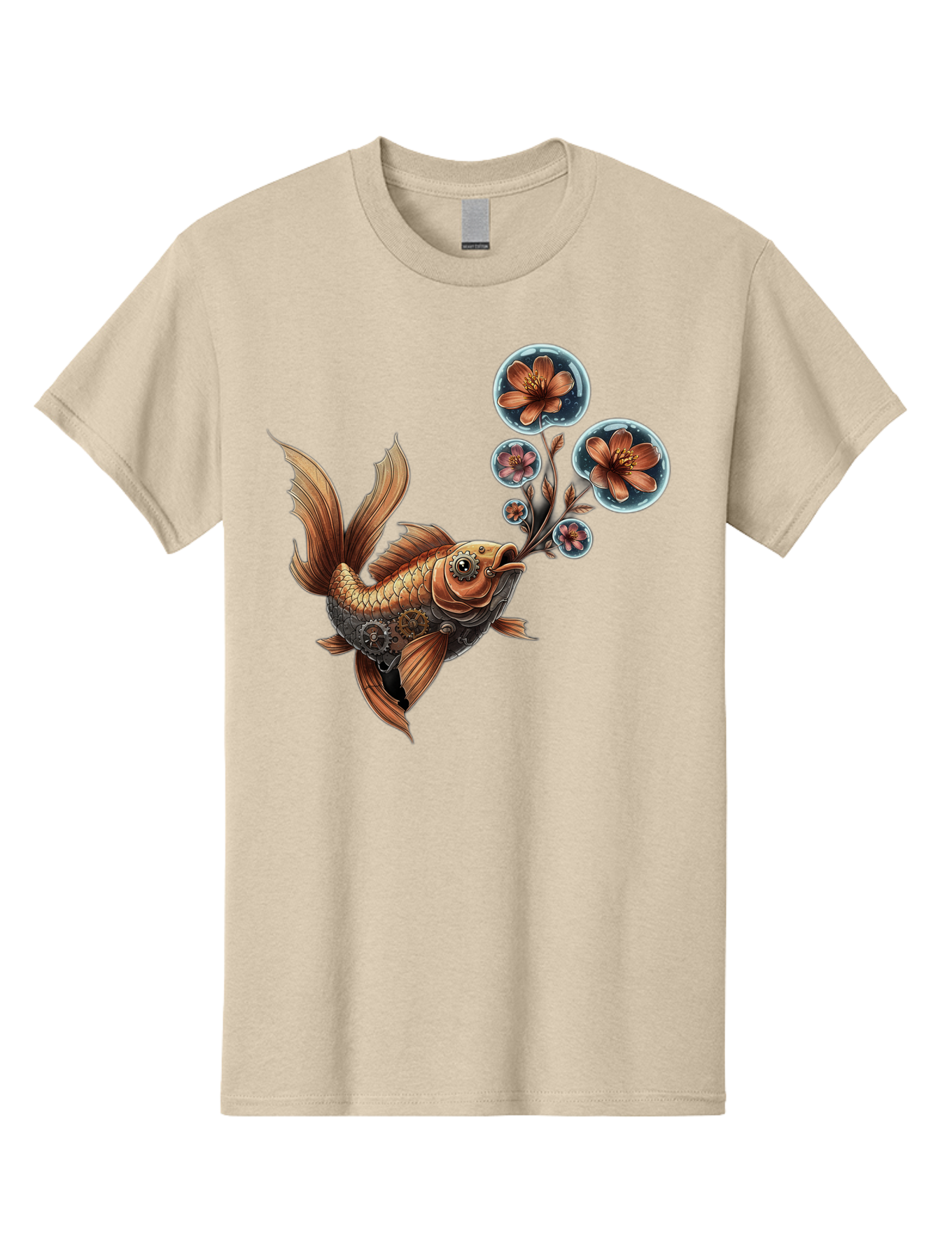 Goldfish-With-Flowers Men'S Graphic Tee, 100% Cotton, Comfortable Casual Summer Wear, Machine Washable, Koi Fish, Lotus Flowers, Bubbles, Floral Design, Fish Illustration, Orange And Gold, Water Theme, Decorative Art, Symbolic Fish, Bae189