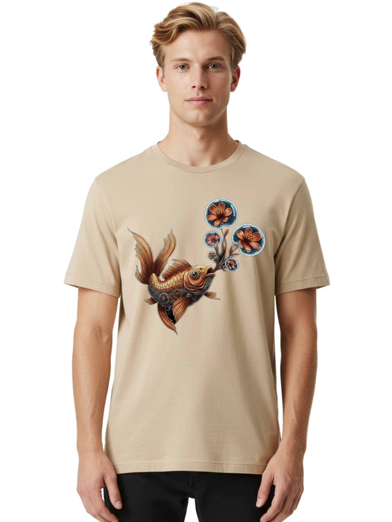Goldfish-With-Flowers Men'S Graphic Tee, 100% Cotton, Comfortable Casual Summer Wear, Machine Washable, Koi Fish, Lotus Flowers, Bubbles, Floral Design, Fish Illustration, Orange And Gold, Water Theme, Decorative Art, Symbolic Fish, Bae189