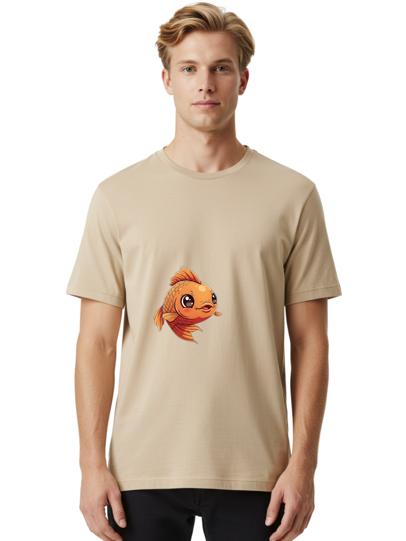 Goldfish Men'S Graphic Tee, 100% Cotton, Comfortable Casual Summer Wear, Machine Washable, Cartoon Goldfish, Orange Fish, Kawaii Character, Adorable Face, Cute Illustration, Whimsical Design, Playful Expression, Digital Art, Animated Character Bae190