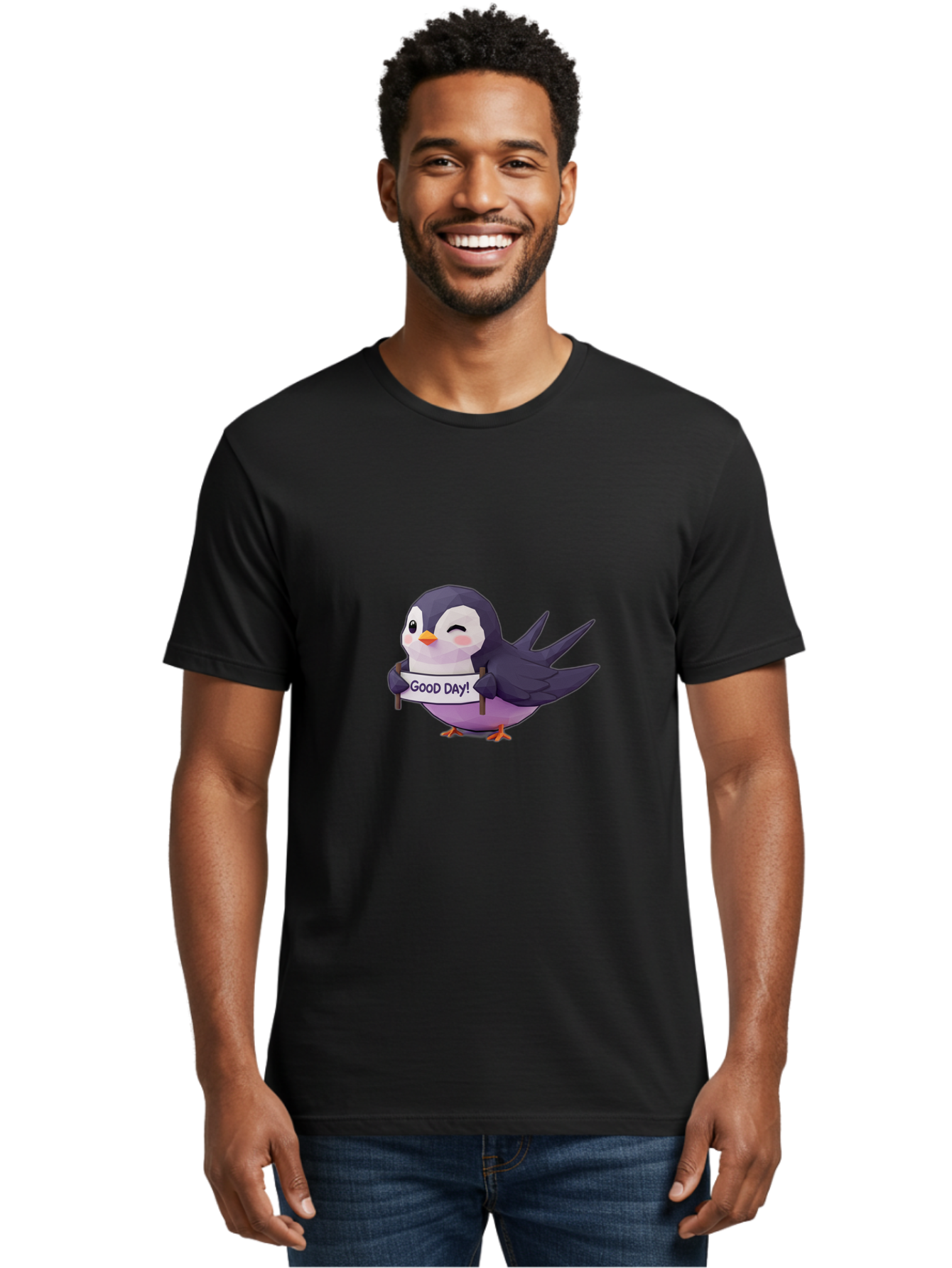 Good-Day-Bird Men'S Graphic Tee, 100% Cotton, Comfortable Casual Summer Wear, Machine Washable, Cartoon Bird, Good Day Sign, Kawaii Animal, Cute Illustration, Purple Bird, Winking Bird, Positive Vibes, Morning Motivation, Funny Graphics, Bae191