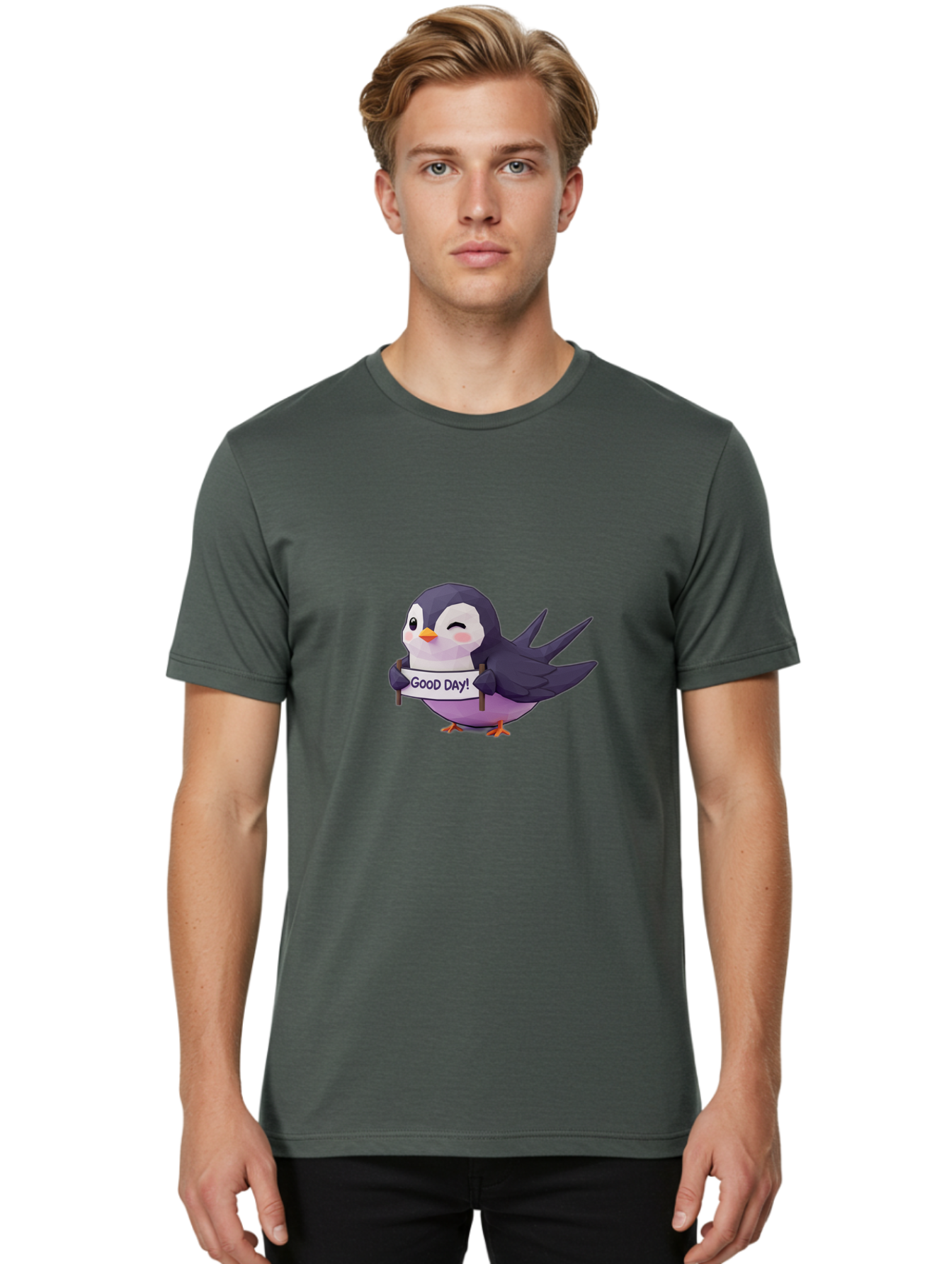 Good-Day-Bird Men'S Graphic Tee, 100% Cotton, Comfortable Casual Summer Wear, Machine Washable, Cartoon Bird, Good Day Sign, Kawaii Animal, Cute Illustration, Purple Bird, Winking Bird, Positive Vibes, Morning Motivation, Funny Graphics, Bae191