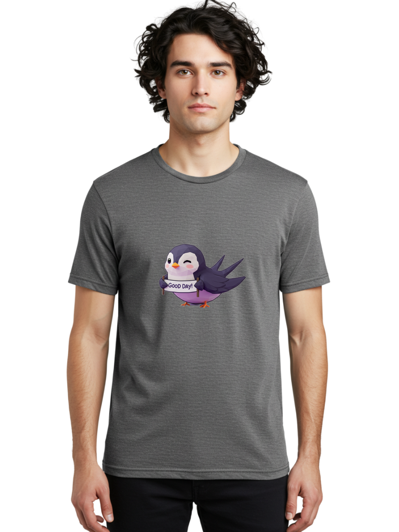 Good-Day-Bird Men'S Graphic Tee, 100% Cotton, Comfortable Casual Summer Wear, Machine Washable, Cartoon Bird, Good Day Sign, Kawaii Animal, Cute Illustration, Purple Bird, Winking Bird, Positive Vibes, Morning Motivation, Funny Graphics, Bae191