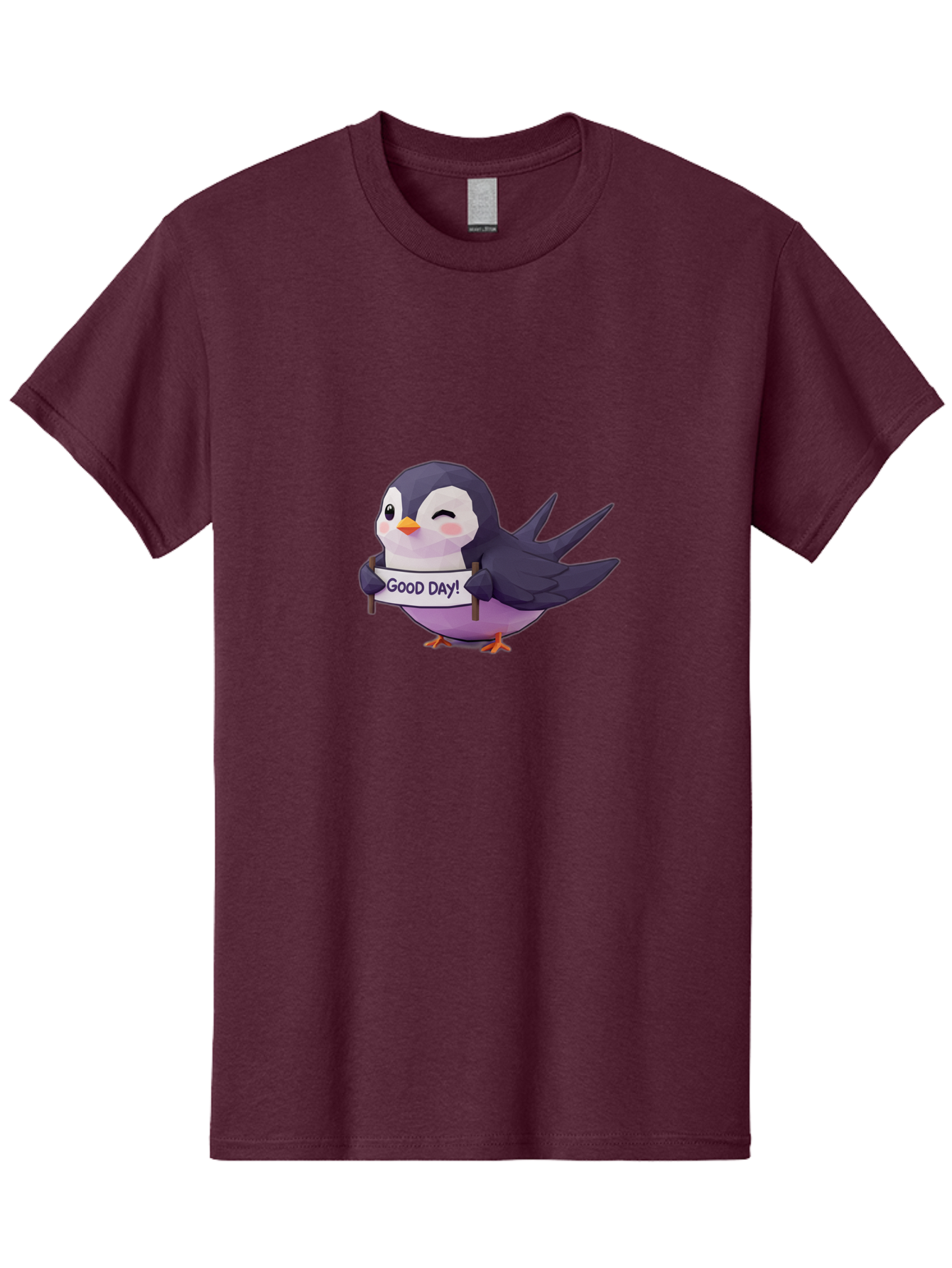 Good-Day-Bird Men'S Graphic Tee, 100% Cotton, Comfortable Casual Summer Wear, Machine Washable, Cartoon Bird, Good Day Sign, Kawaii Animal, Cute Illustration, Purple Bird, Winking Bird, Positive Vibes, Morning Motivation, Funny Graphics, Bae191