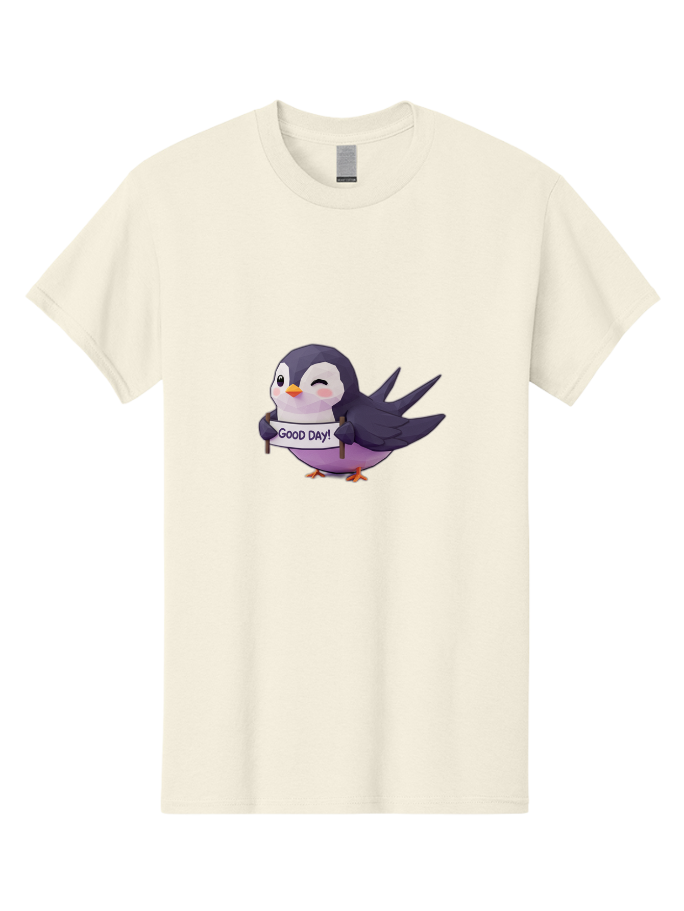 Good-Day-Bird Men'S Graphic Tee, 100% Cotton, Comfortable Casual Summer Wear, Machine Washable, Cartoon Bird, Good Day Sign, Kawaii Animal, Cute Illustration, Purple Bird, Winking Bird, Positive Vibes, Morning Motivation, Funny Graphics, Bae191