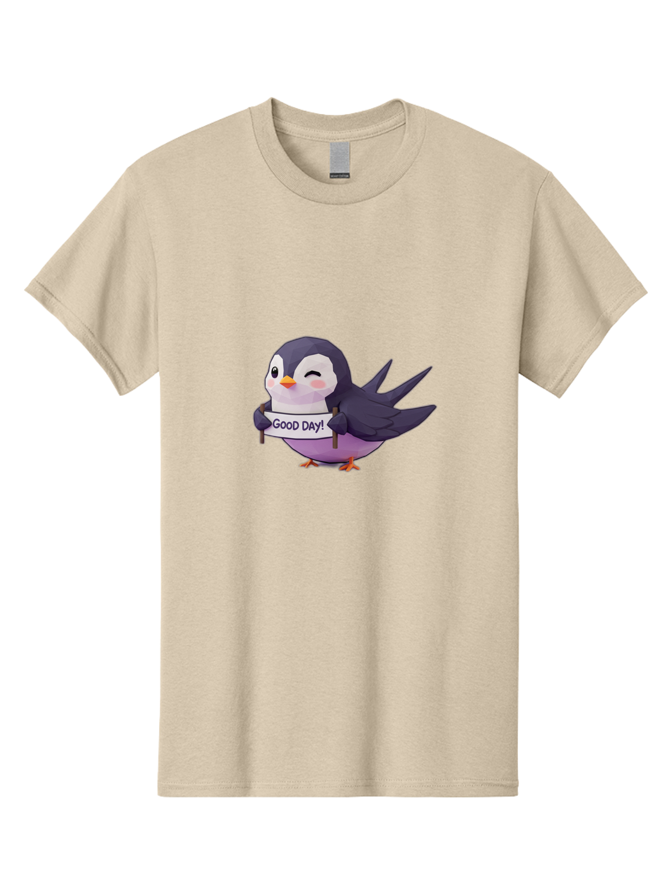 Good-Day-Bird Men'S Graphic Tee, 100% Cotton, Comfortable Casual Summer Wear, Machine Washable, Cartoon Bird, Good Day Sign, Kawaii Animal, Cute Illustration, Purple Bird, Winking Bird, Positive Vibes, Morning Motivation, Funny Graphics, Bae191