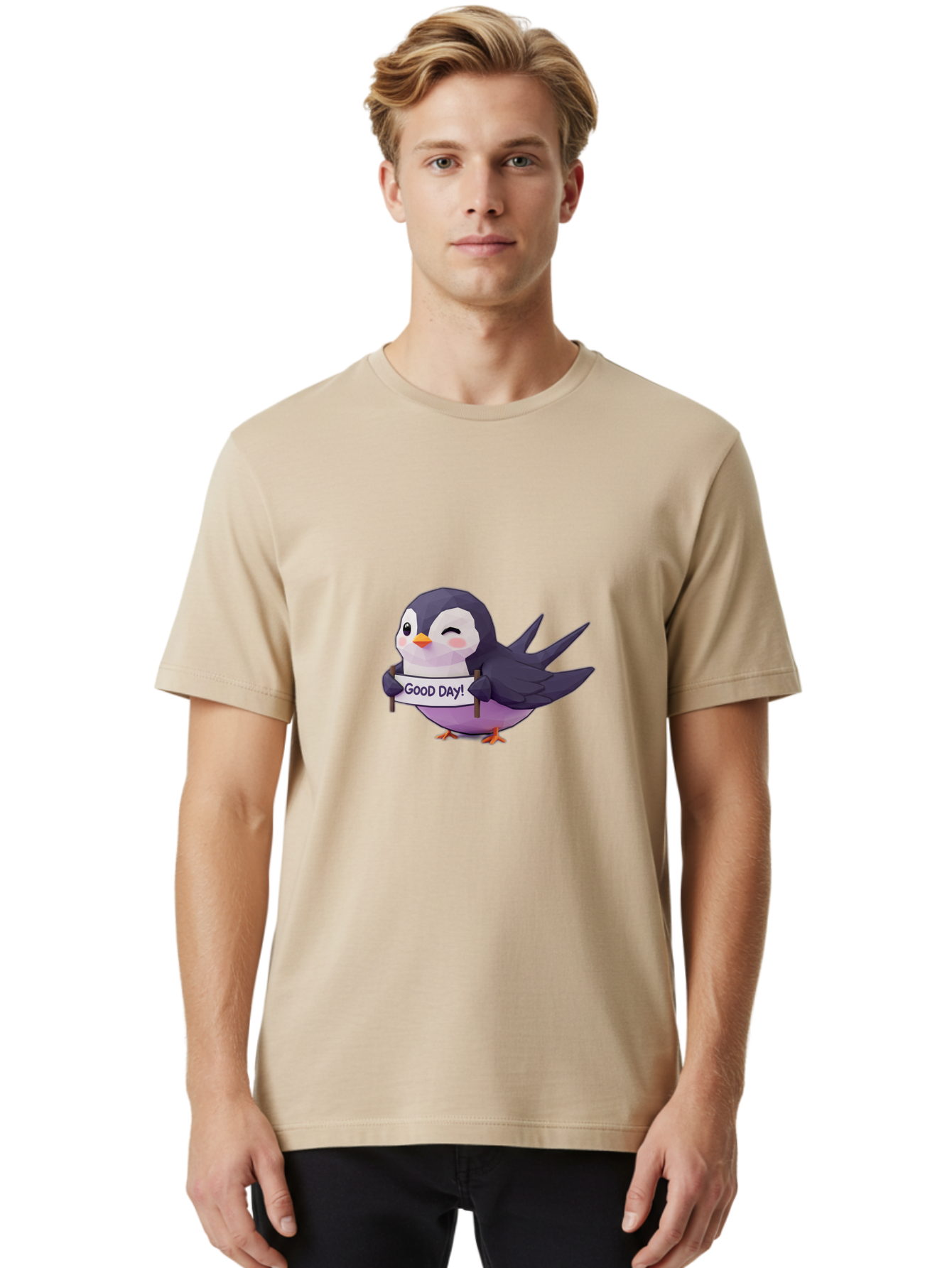 Good-Day-Bird Men'S Graphic Tee, 100% Cotton, Comfortable Casual Summer Wear, Machine Washable, Cartoon Bird, Good Day Sign, Kawaii Animal, Cute Illustration, Purple Bird, Winking Bird, Positive Vibes, Morning Motivation, Funny Graphics, Bae191
