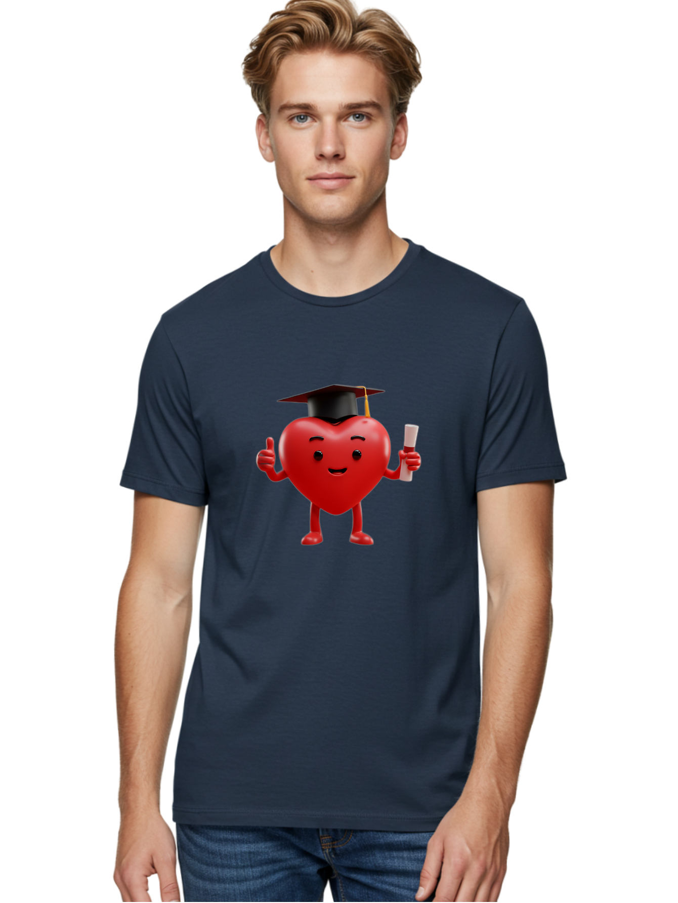 Graduated-Heart Men'S Graphic Tee, 100% Cotton, Comfortable Casual Summer Wear, Machine Washable, Heart Character, Graduation Cap, Diploma, Thumbs Up, Success, Achievement, Happiness, Cartoon Style, Red Heart, Graduation Day, Proud Moment, Bae192