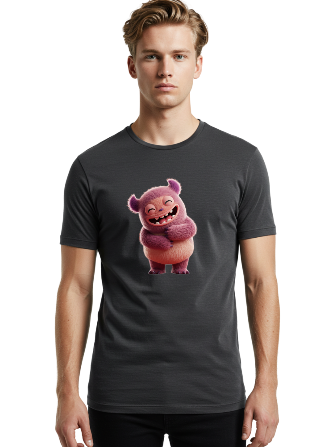 Grumps-Monster Men'S Graphic Tee, 100% Cotton, Comfortable Casual Summer Wear, Machine Washable, Happy Monster, Cartoon Character, Purple Creature, Smiling Face, Embracing Self, Funny Creature, Adorable Monster, Cute Character, Bae193