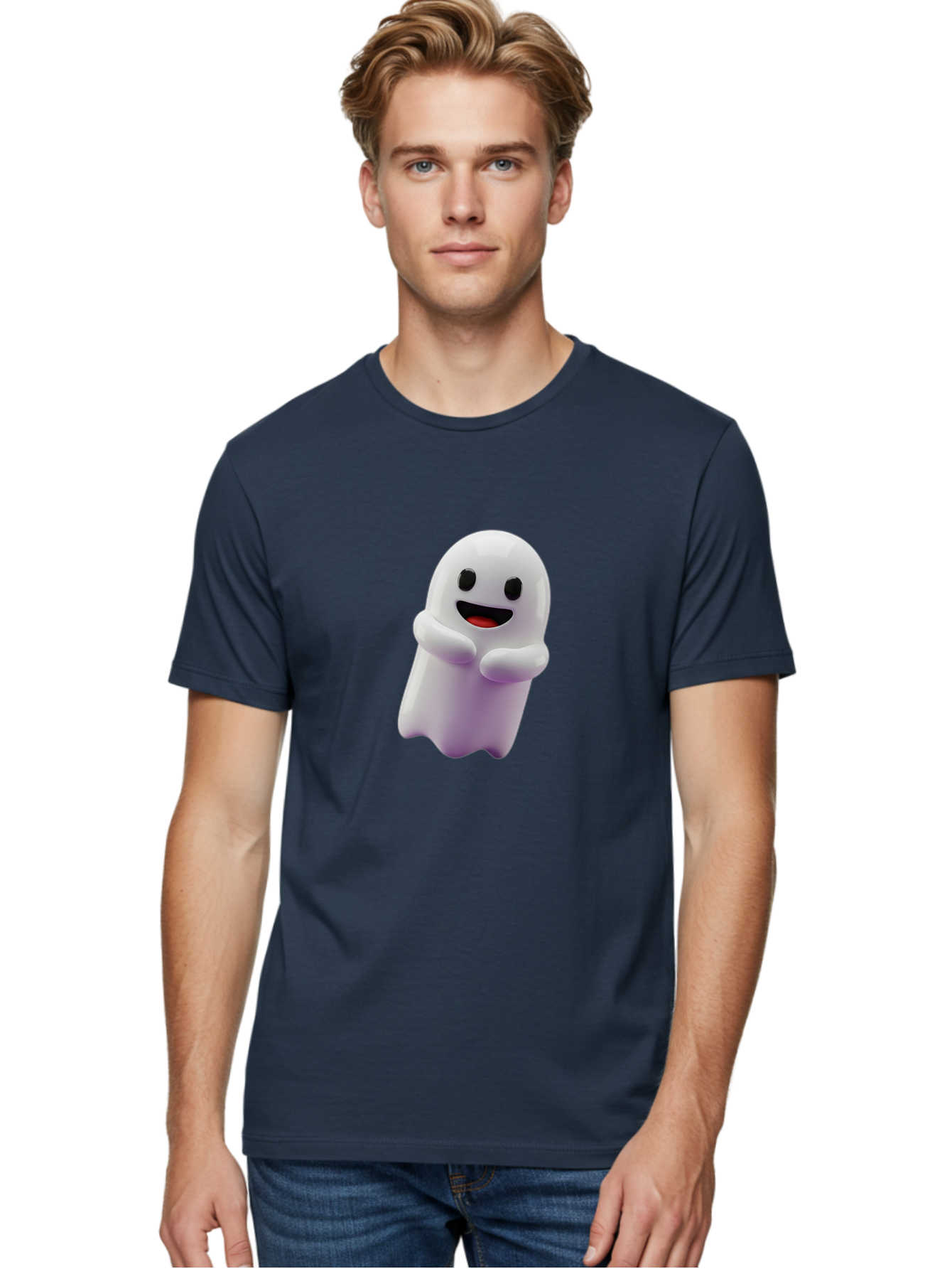 Happy-Ghost Men'S Graphic Tee, 100% Cotton, Comfortable Casual Summer Wear, Machine Washable, Cartoon Ghost, Friendly Spirit, Smiling Face, Cute Character, 3D Illustration, White Ghost, Halloween Theme, Digital Art, Cheerful Design Bae194