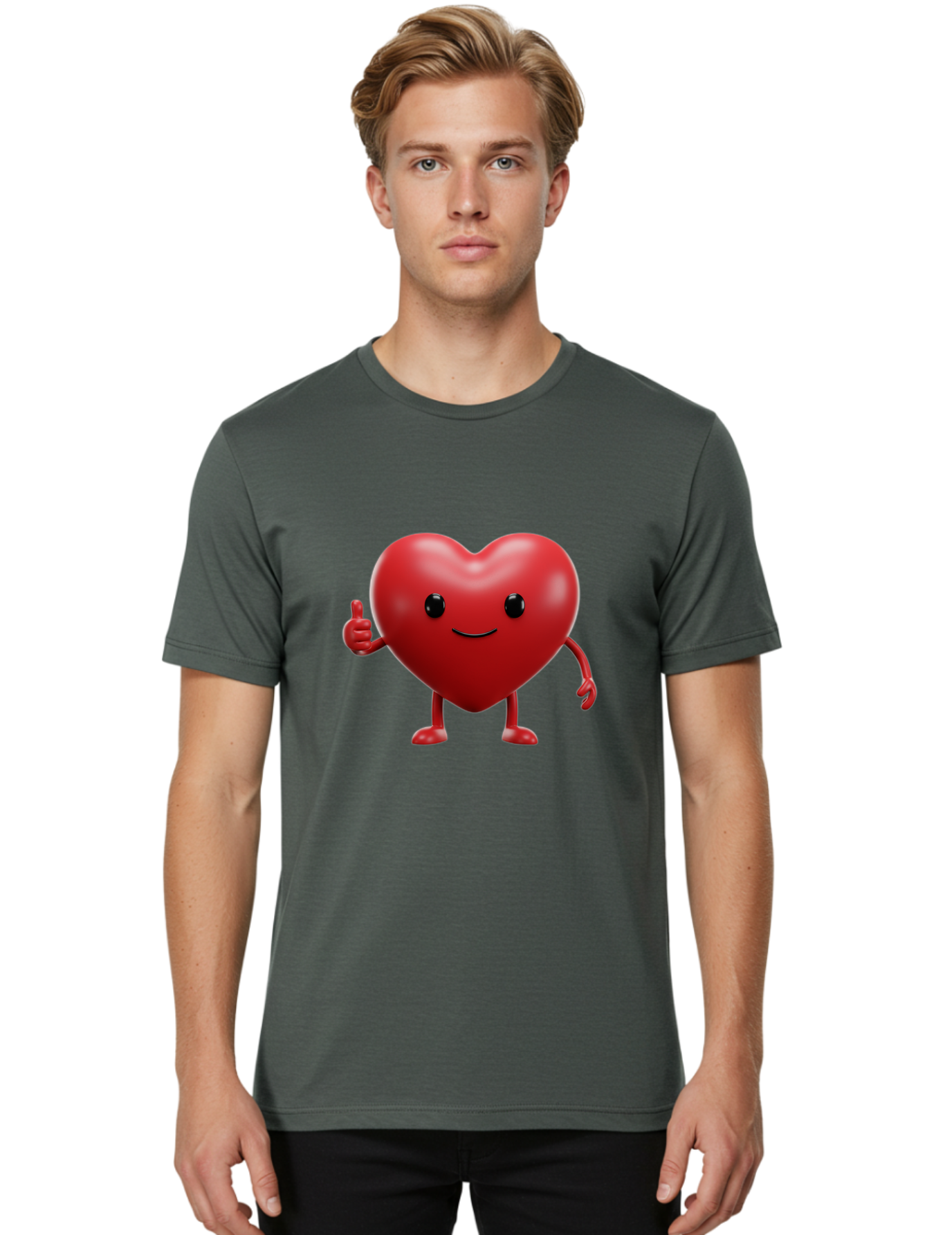 Happy-Heart Men'S Graphic Tee, 100% Cotton, Comfortable Casual Summer Wear, Machine Washable, Red Heart Character, Smiling Face, Thumbs Up, Cartoon Style, Heart Icon, Positive Attitude, Friendly Gesture, Love Symbol, Cute Design Bae195