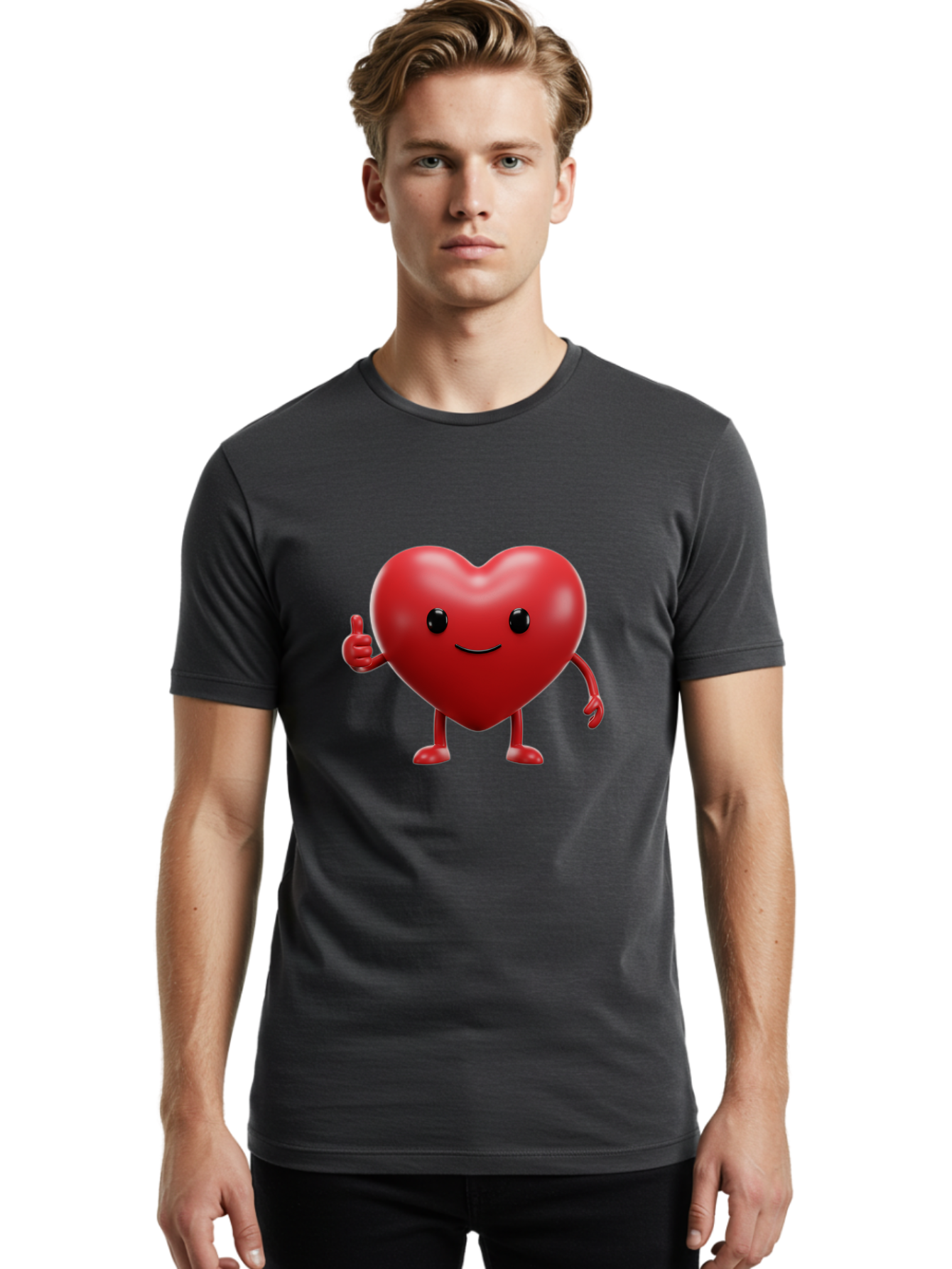 Happy-Heart Men'S Graphic Tee, 100% Cotton, Comfortable Casual Summer Wear, Machine Washable, Red Heart Character, Smiling Face, Thumbs Up, Cartoon Style, Heart Icon, Positive Attitude, Friendly Gesture, Love Symbol, Cute Design Bae195