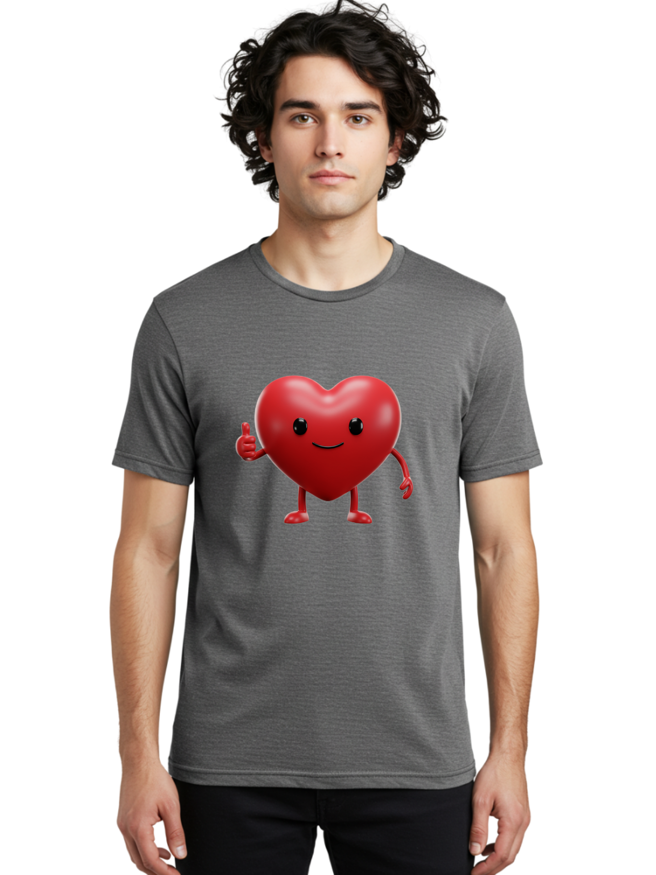 Happy-Heart Men'S Graphic Tee, 100% Cotton, Comfortable Casual Summer Wear, Machine Washable, Red Heart Character, Smiling Face, Thumbs Up, Cartoon Style, Heart Icon, Positive Attitude, Friendly Gesture, Love Symbol, Cute Design Bae195