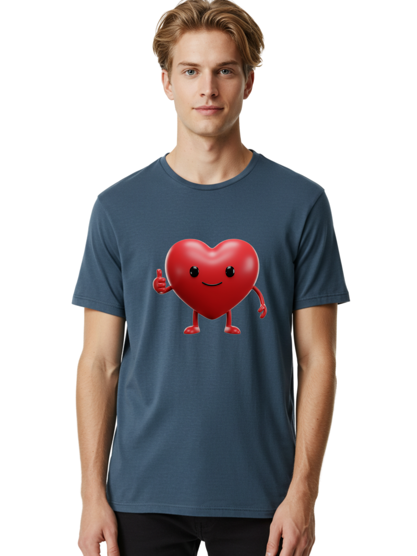 Happy-Heart Men'S Graphic Tee, 100% Cotton, Comfortable Casual Summer Wear, Machine Washable, Red Heart Character, Smiling Face, Thumbs Up, Cartoon Style, Heart Icon, Positive Attitude, Friendly Gesture, Love Symbol, Cute Design Bae195