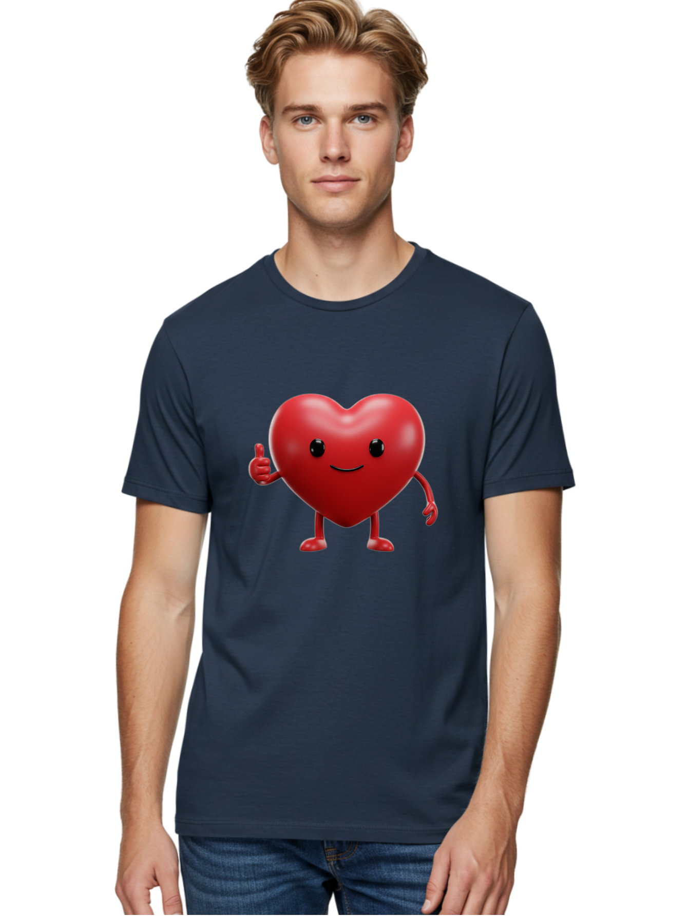 Happy-Heart Men'S Graphic Tee, 100% Cotton, Comfortable Casual Summer Wear, Machine Washable, Red Heart Character, Smiling Face, Thumbs Up, Cartoon Style, Heart Icon, Positive Attitude, Friendly Gesture, Love Symbol, Cute Design Bae195
