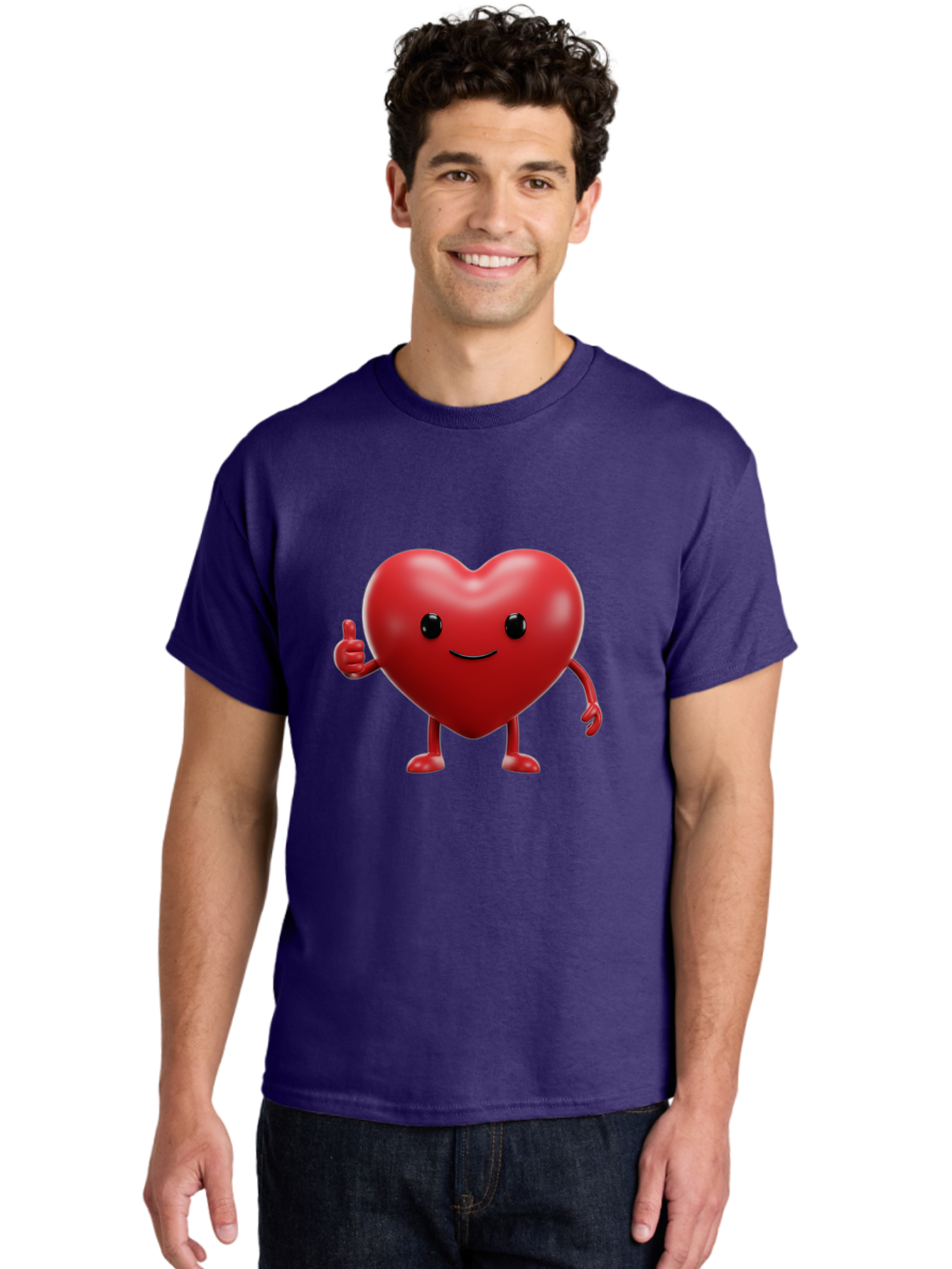 Happy-Heart Men'S Graphic Tee, 100% Cotton, Comfortable Casual Summer Wear, Machine Washable, Red Heart Character, Smiling Face, Thumbs Up, Cartoon Style, Heart Icon, Positive Attitude, Friendly Gesture, Love Symbol, Cute Design Bae195