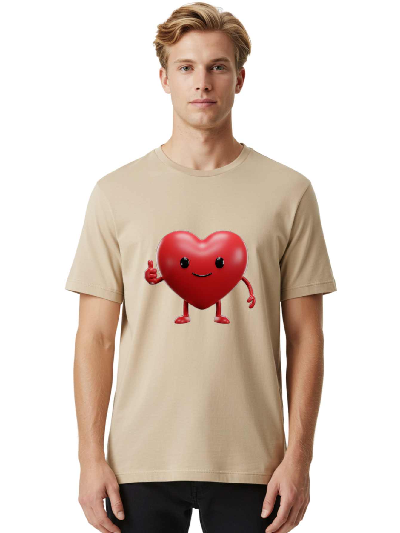 Happy-Heart Men'S Graphic Tee, 100% Cotton, Comfortable Casual Summer Wear, Machine Washable, Red Heart Character, Smiling Face, Thumbs Up, Cartoon Style, Heart Icon, Positive Attitude, Friendly Gesture, Love Symbol, Cute Design Bae195