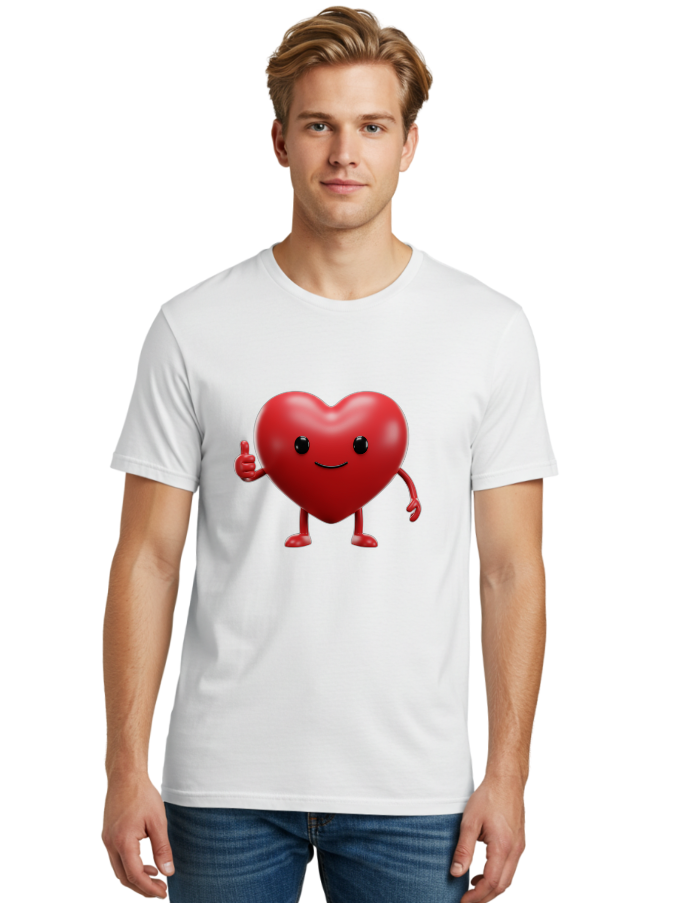 Happy-Heart Men'S Graphic Tee, 100% Cotton, Comfortable Casual Summer Wear, Machine Washable, Red Heart Character, Smiling Face, Thumbs Up, Cartoon Style, Heart Icon, Positive Attitude, Friendly Gesture, Love Symbol, Cute Design Bae195