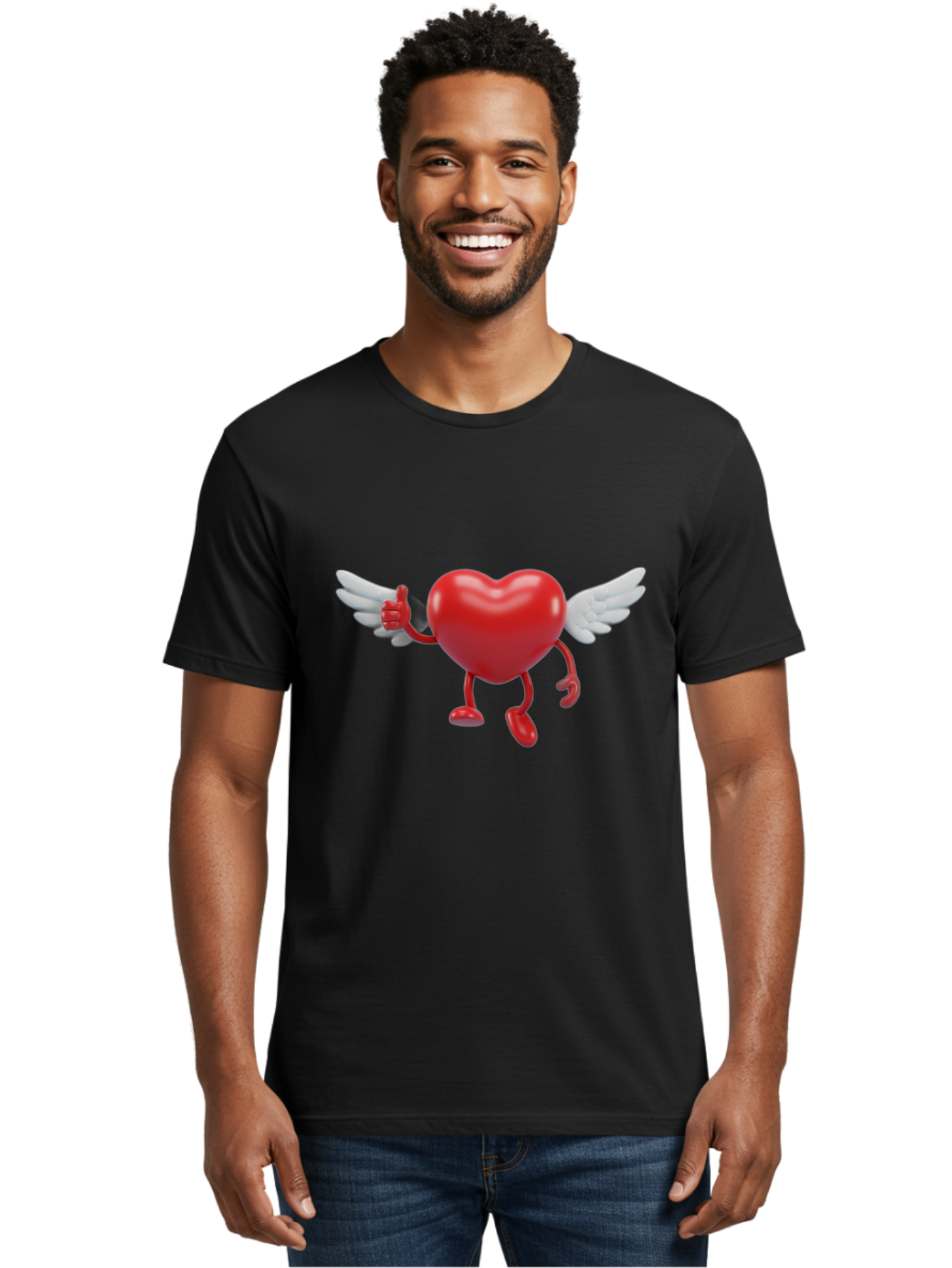 Heart-Character-1 Men'S Graphic Tee, 100% Cotton, Comfortable Casual Summer Wear, Machine Washable, Heart Character, Thumbs Up, Cartoon Heart, Red Heart, White Wings, Funny Character, Cute Design, Heart Symbol Bae196