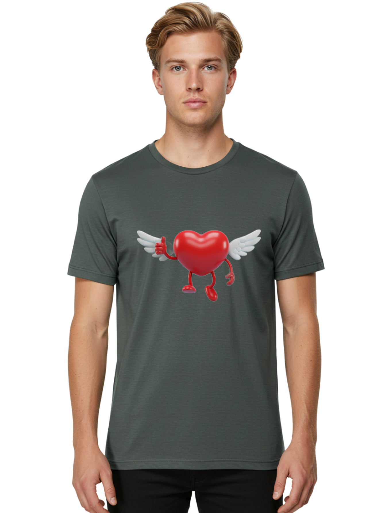 Heart-Character-1 Men'S Graphic Tee, 100% Cotton, Comfortable Casual Summer Wear, Machine Washable, Heart Character, Thumbs Up, Cartoon Heart, Red Heart, White Wings, Funny Character, Cute Design, Heart Symbol Bae196