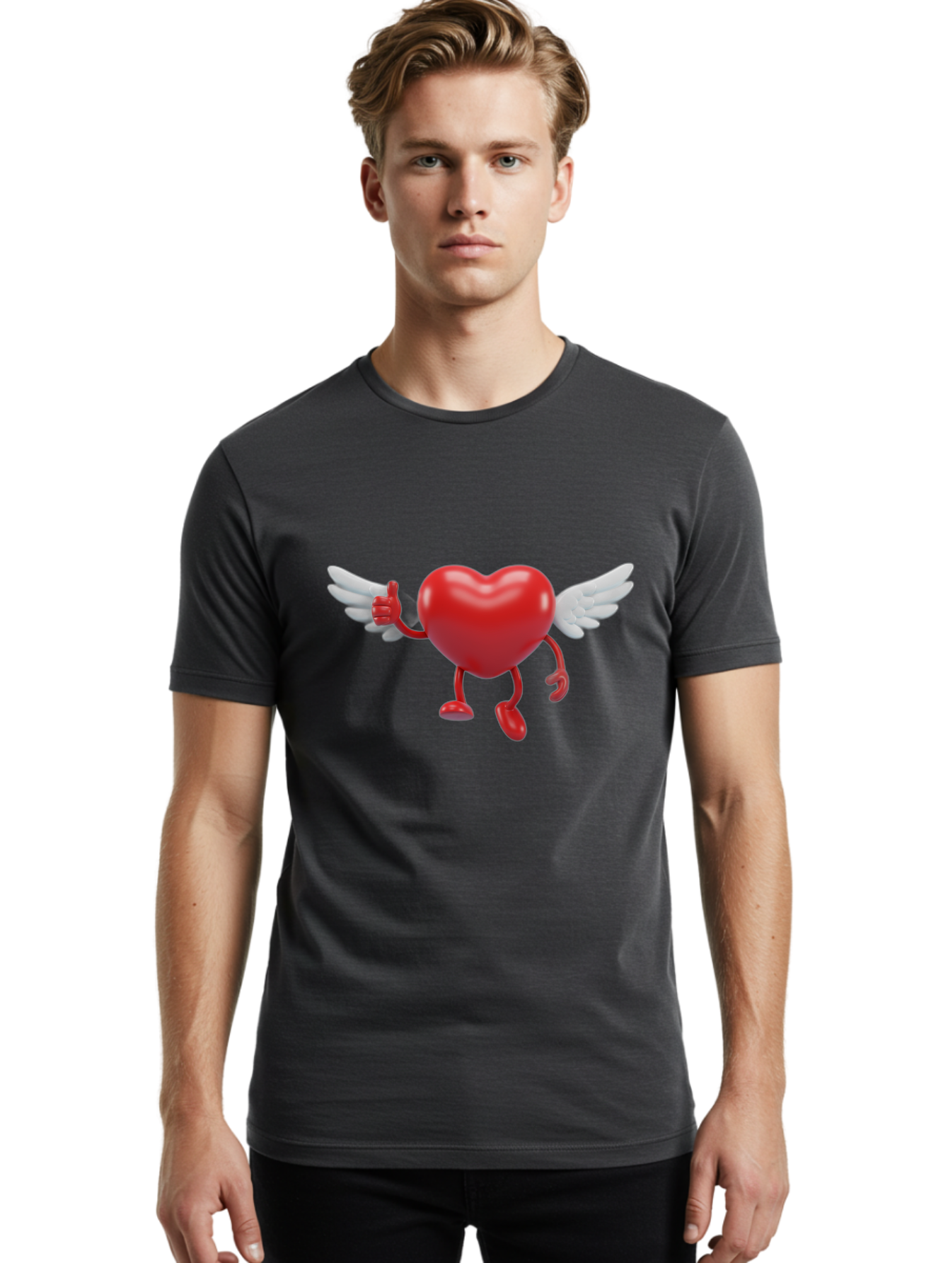 Heart-Character-1 Men'S Graphic Tee, 100% Cotton, Comfortable Casual Summer Wear, Machine Washable, Heart Character, Thumbs Up, Cartoon Heart, Red Heart, White Wings, Funny Character, Cute Design, Heart Symbol Bae196