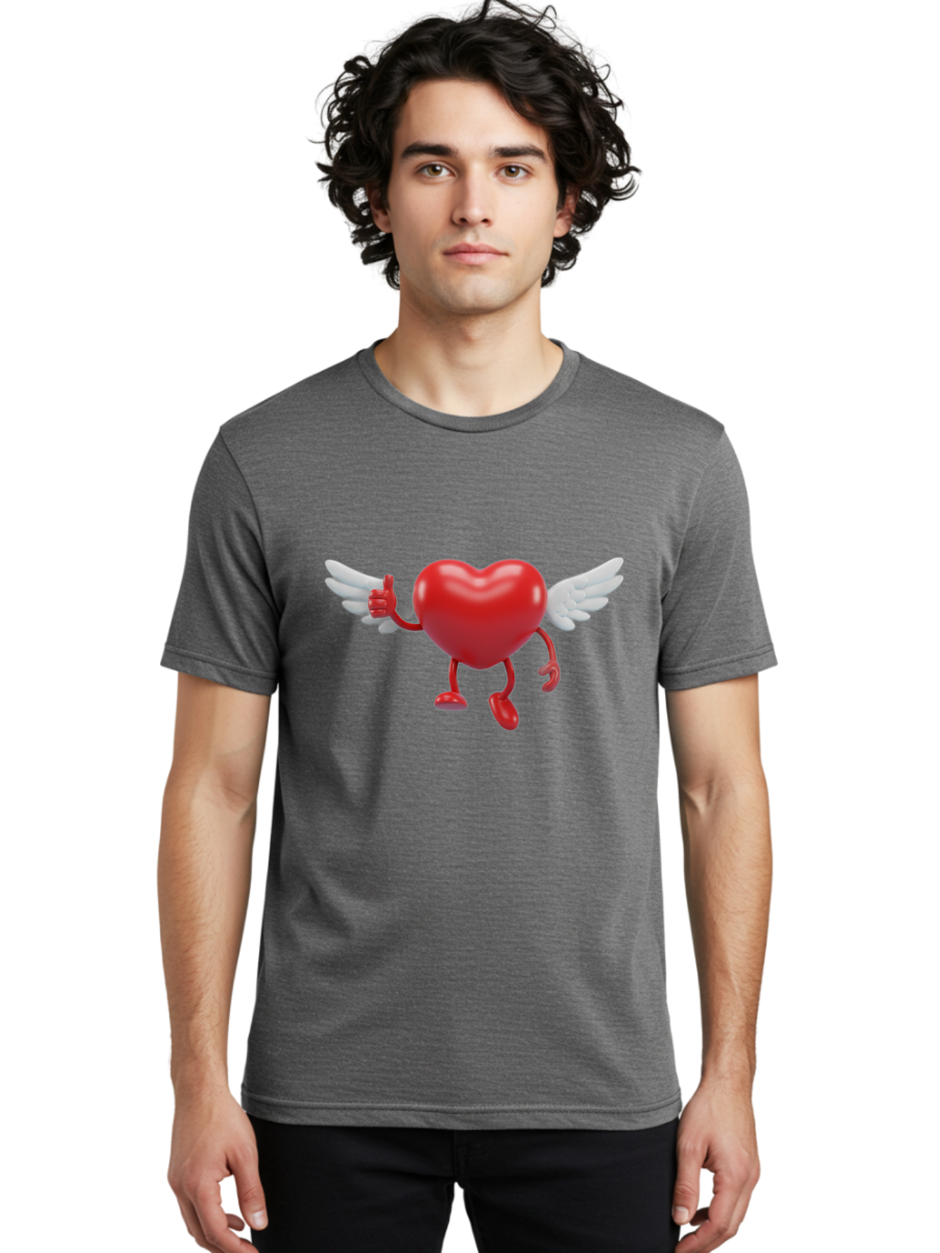 Heart-Character-1 Men'S Graphic Tee, 100% Cotton, Comfortable Casual Summer Wear, Machine Washable, Heart Character, Thumbs Up, Cartoon Heart, Red Heart, White Wings, Funny Character, Cute Design, Heart Symbol Bae196
