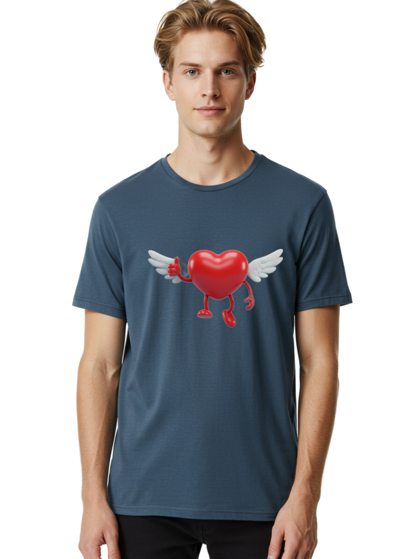 Heart-Character-1 Men'S Graphic Tee, 100% Cotton, Comfortable Casual Summer Wear, Machine Washable, Heart Character, Thumbs Up, Cartoon Heart, Red Heart, White Wings, Funny Character, Cute Design, Heart Symbol Bae196