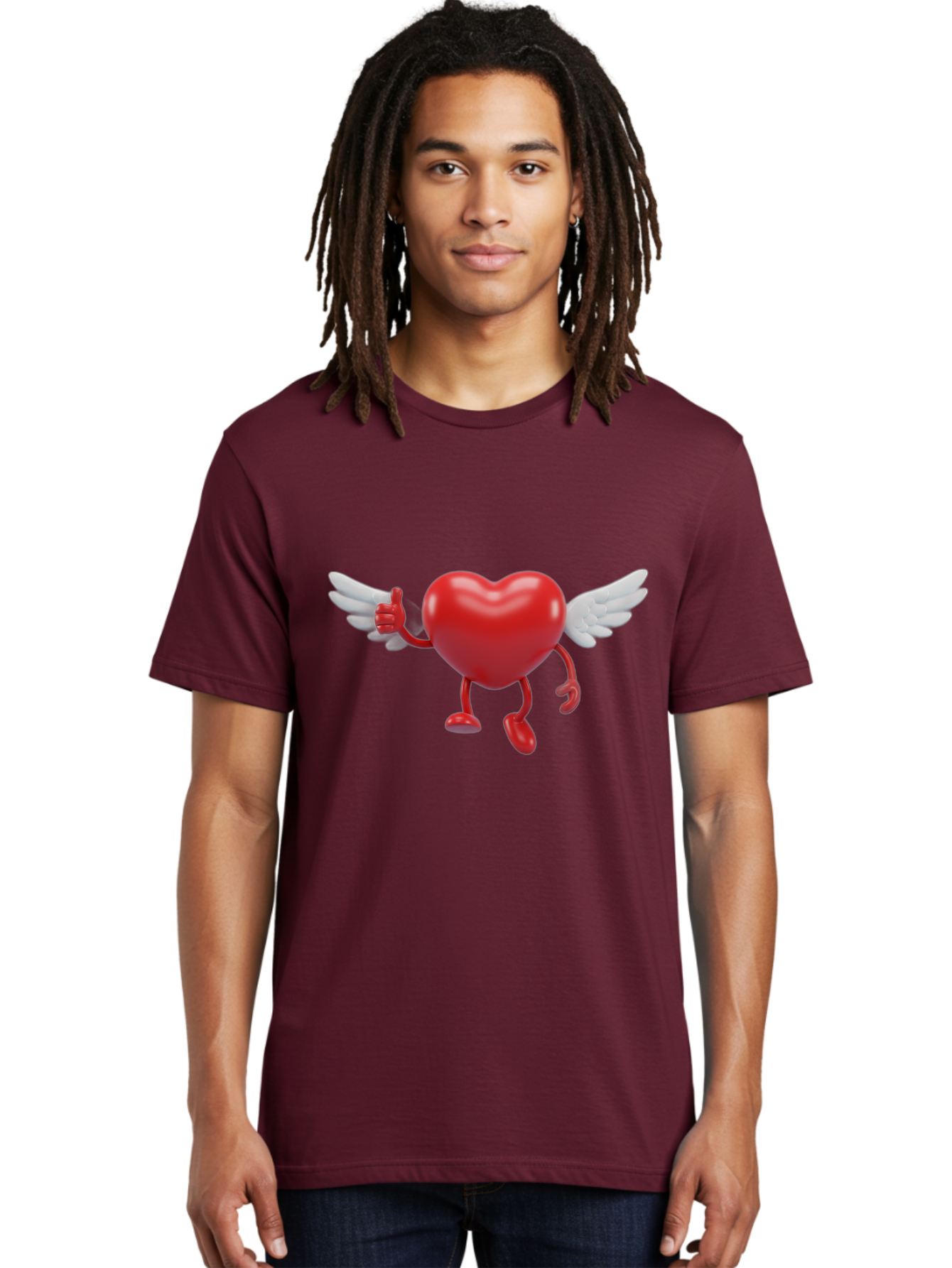 Heart-Character-1 Men'S Graphic Tee, 100% Cotton, Comfortable Casual Summer Wear, Machine Washable, Heart Character, Thumbs Up, Cartoon Heart, Red Heart, White Wings, Funny Character, Cute Design, Heart Symbol Bae196
