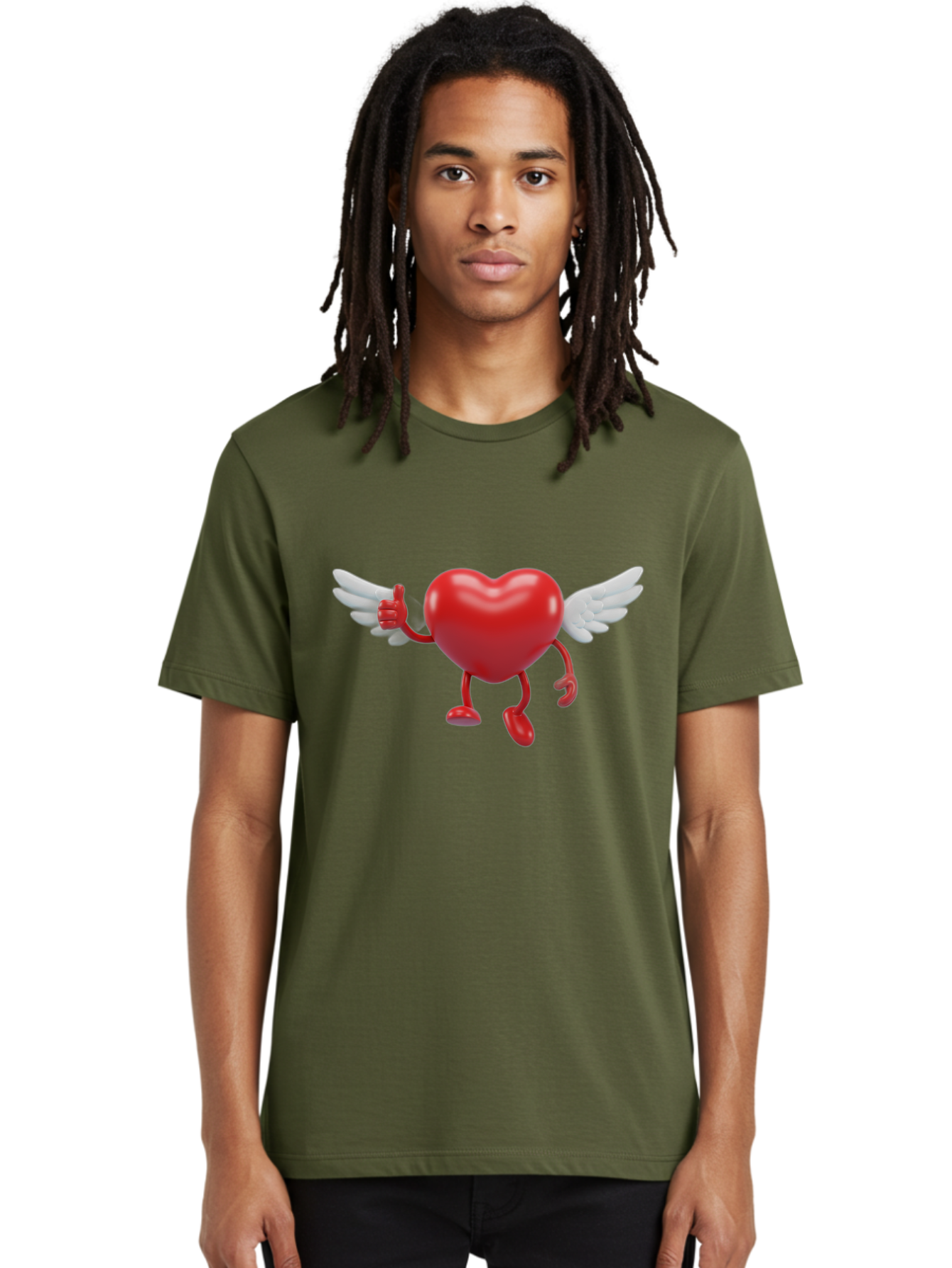 Heart-Character-1 Men'S Graphic Tee, 100% Cotton, Comfortable Casual Summer Wear, Machine Washable, Heart Character, Thumbs Up, Cartoon Heart, Red Heart, White Wings, Funny Character, Cute Design, Heart Symbol Bae196