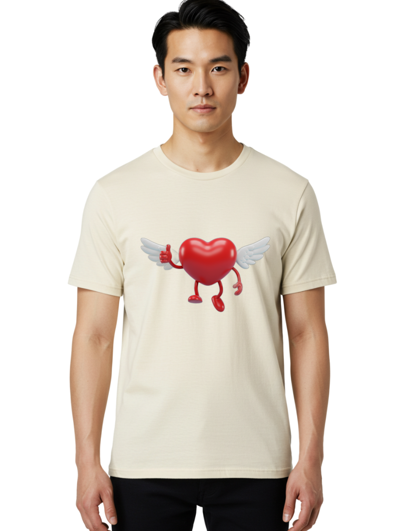Heart-Character-1 Men'S Graphic Tee, 100% Cotton, Comfortable Casual Summer Wear, Machine Washable, Heart Character, Thumbs Up, Cartoon Heart, Red Heart, White Wings, Funny Character, Cute Design, Heart Symbol Bae196