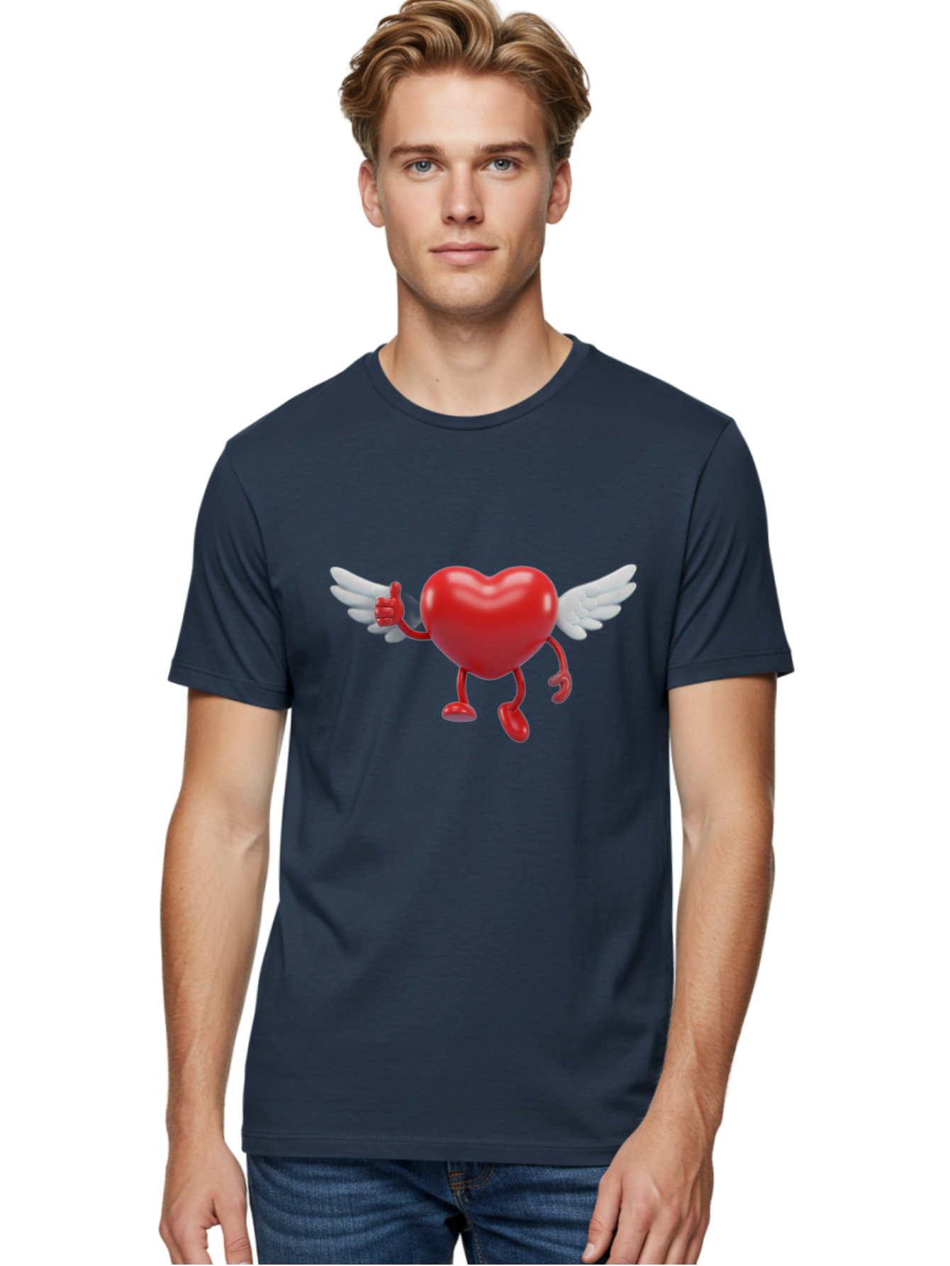 Heart-Character-1 Men'S Graphic Tee, 100% Cotton, Comfortable Casual Summer Wear, Machine Washable, Heart Character, Thumbs Up, Cartoon Heart, Red Heart, White Wings, Funny Character, Cute Design, Heart Symbol Bae196