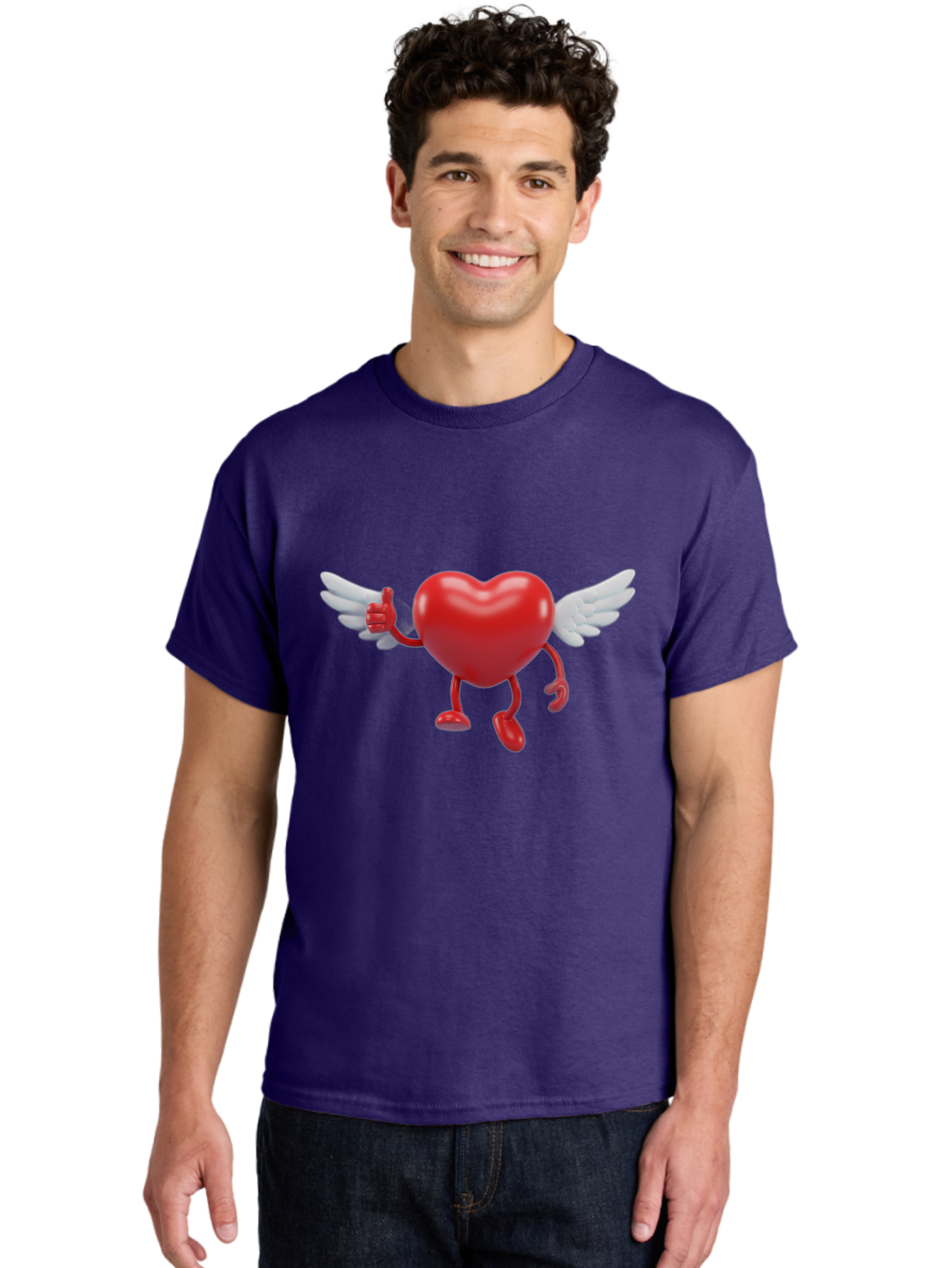 Heart-Character-1 Men'S Graphic Tee, 100% Cotton, Comfortable Casual Summer Wear, Machine Washable, Heart Character, Thumbs Up, Cartoon Heart, Red Heart, White Wings, Funny Character, Cute Design, Heart Symbol Bae196