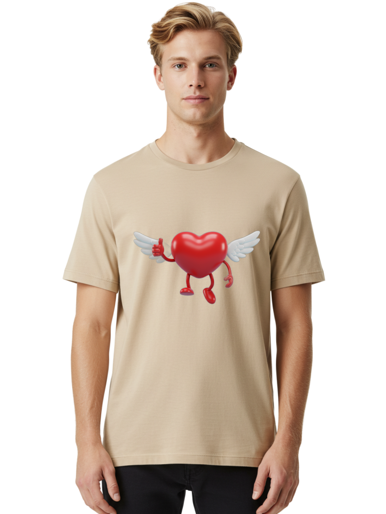 Heart-Character-1 Men'S Graphic Tee, 100% Cotton, Comfortable Casual Summer Wear, Machine Washable, Heart Character, Thumbs Up, Cartoon Heart, Red Heart, White Wings, Funny Character, Cute Design, Heart Symbol Bae196