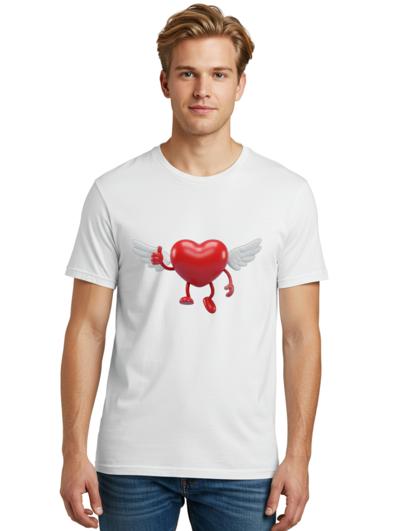 Heart-Character-1 Men'S Graphic Tee, 100% Cotton, Comfortable Casual Summer Wear, Machine Washable, Heart Character, Thumbs Up, Cartoon Heart, Red Heart, White Wings, Funny Character, Cute Design, Heart Symbol Bae196