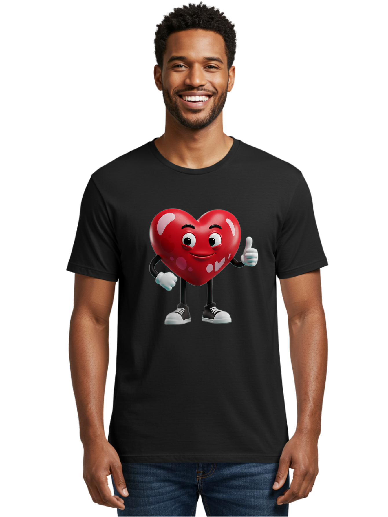 Heart-Character Men'S Graphic Tee, 100% Cotton, Comfortable Casual Summer Wear, Machine Washable, Cartoon Heart, Red Heart, Smiling Face, Thumbs Up, Approval, Positivity, Love, Happiness, Friendship, Gesture Of Approval, Cartoon Character Bae197