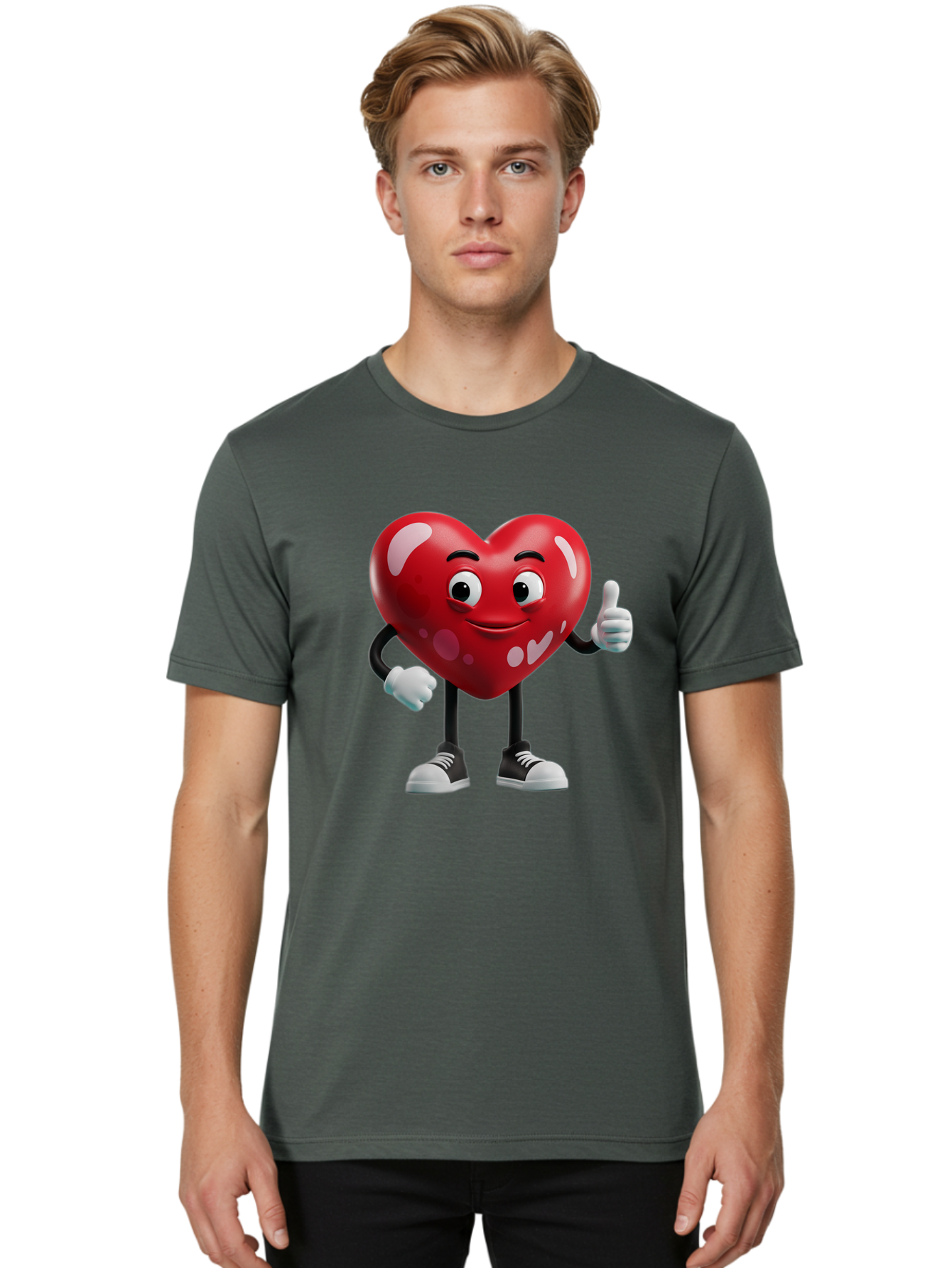 Heart-Character Men'S Graphic Tee, 100% Cotton, Comfortable Casual Summer Wear, Machine Washable, Cartoon Heart, Red Heart, Smiling Face, Thumbs Up, Approval, Positivity, Love, Happiness, Friendship, Gesture Of Approval, Cartoon Character Bae197