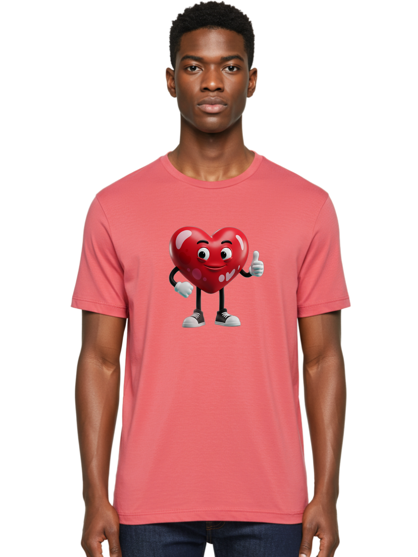 Heart-Character Men'S Graphic Tee, 100% Cotton, Comfortable Casual Summer Wear, Machine Washable, Cartoon Heart, Red Heart, Smiling Face, Thumbs Up, Approval, Positivity, Love, Happiness, Friendship, Gesture Of Approval, Cartoon Character Bae197