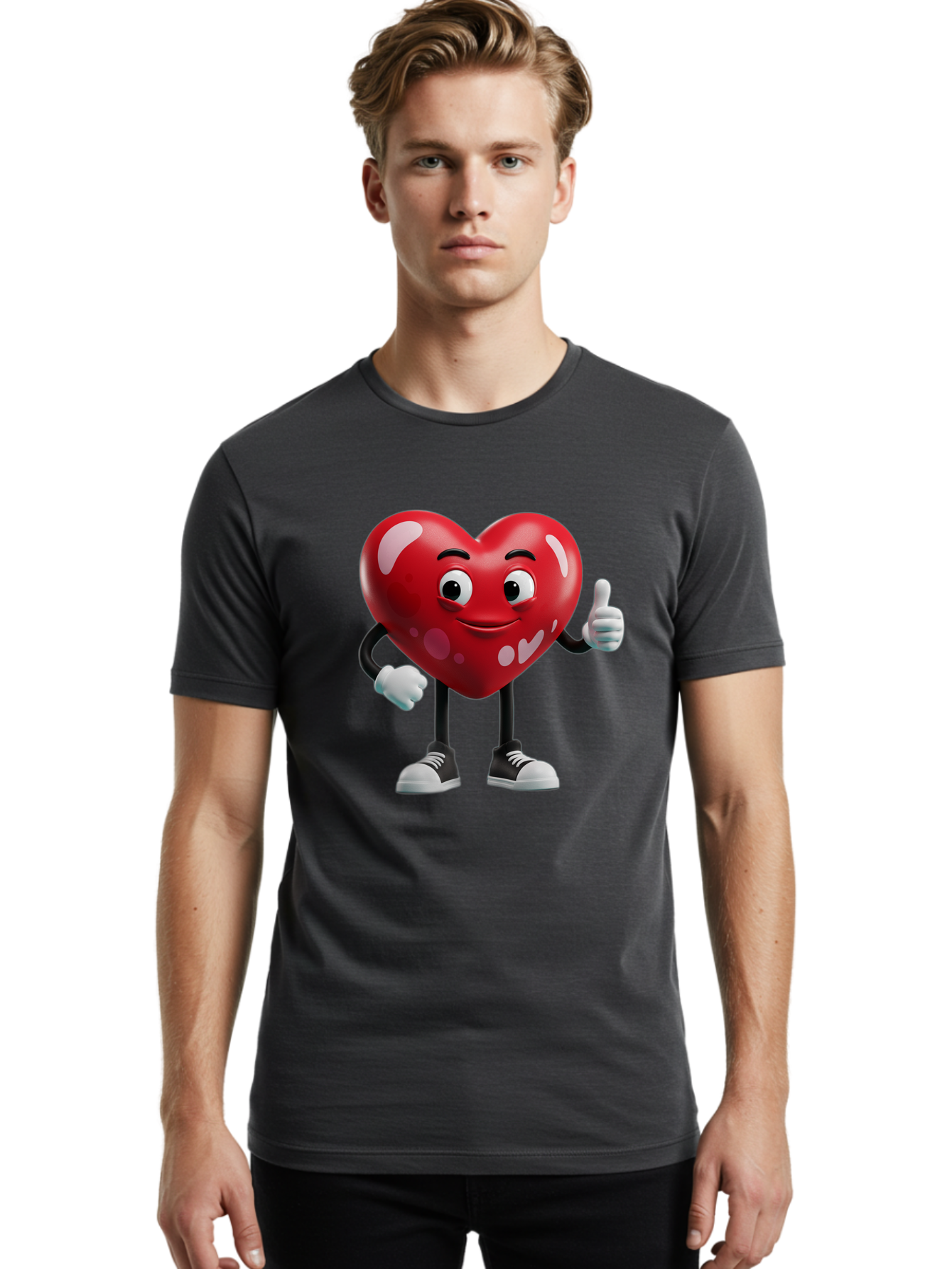 Heart-Character Men'S Graphic Tee, 100% Cotton, Comfortable Casual Summer Wear, Machine Washable, Cartoon Heart, Red Heart, Smiling Face, Thumbs Up, Approval, Positivity, Love, Happiness, Friendship, Gesture Of Approval, Cartoon Character Bae197