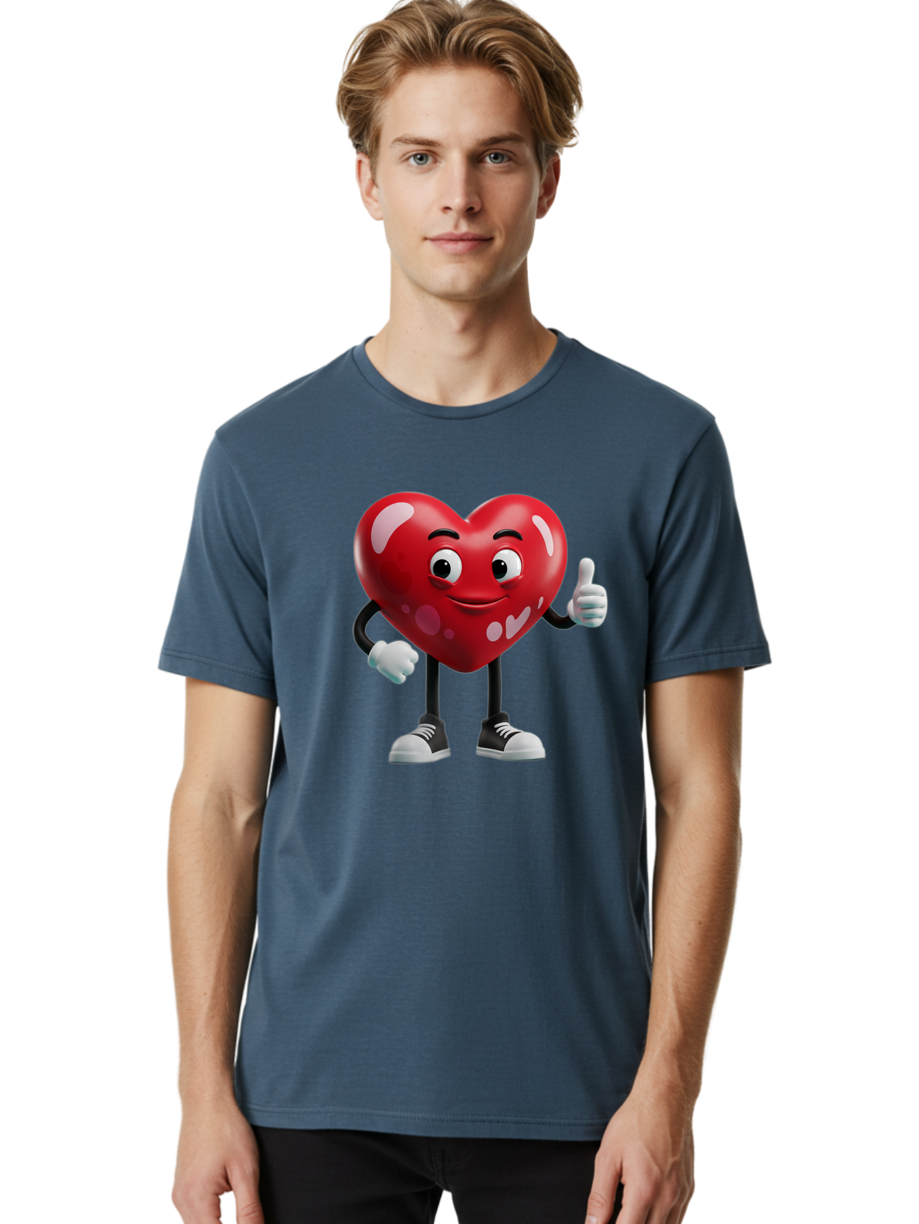 Heart-Character Men'S Graphic Tee, 100% Cotton, Comfortable Casual Summer Wear, Machine Washable, Cartoon Heart, Red Heart, Smiling Face, Thumbs Up, Approval, Positivity, Love, Happiness, Friendship, Gesture Of Approval, Cartoon Character Bae197