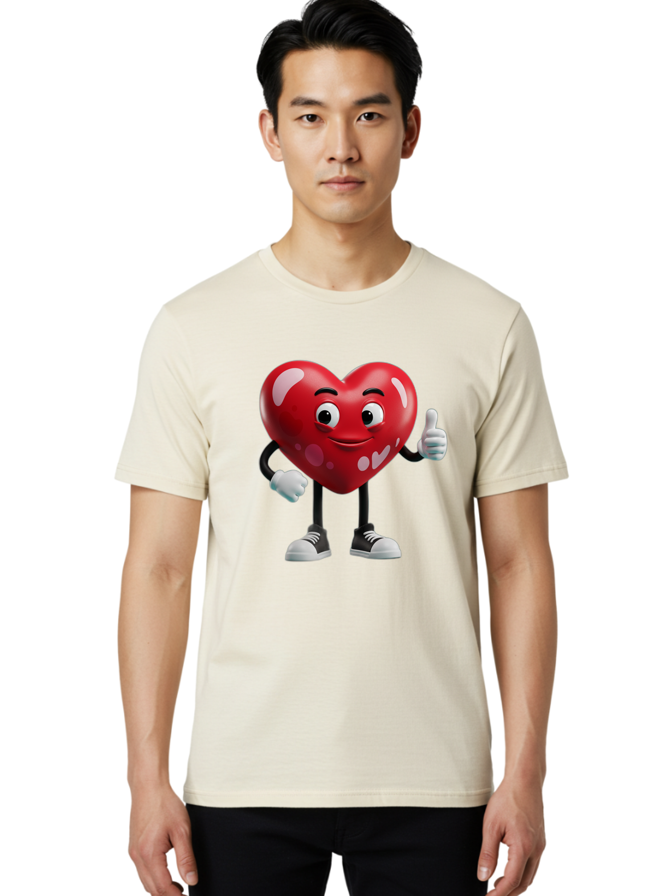 Heart-Character Men'S Graphic Tee, 100% Cotton, Comfortable Casual Summer Wear, Machine Washable, Cartoon Heart, Red Heart, Smiling Face, Thumbs Up, Approval, Positivity, Love, Happiness, Friendship, Gesture Of Approval, Cartoon Character Bae197