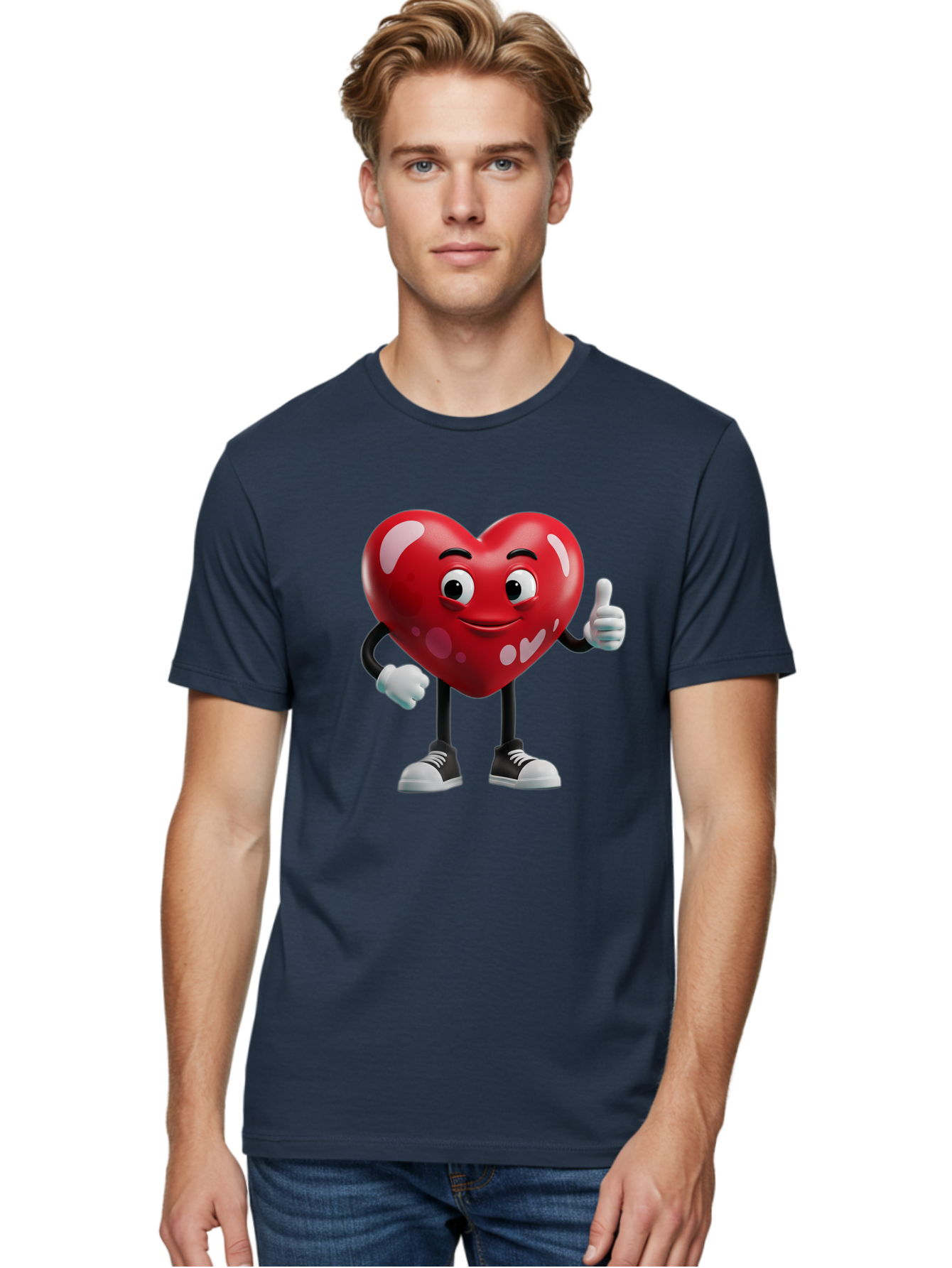 Heart-Character Men'S Graphic Tee, 100% Cotton, Comfortable Casual Summer Wear, Machine Washable, Cartoon Heart, Red Heart, Smiling Face, Thumbs Up, Approval, Positivity, Love, Happiness, Friendship, Gesture Of Approval, Cartoon Character Bae197