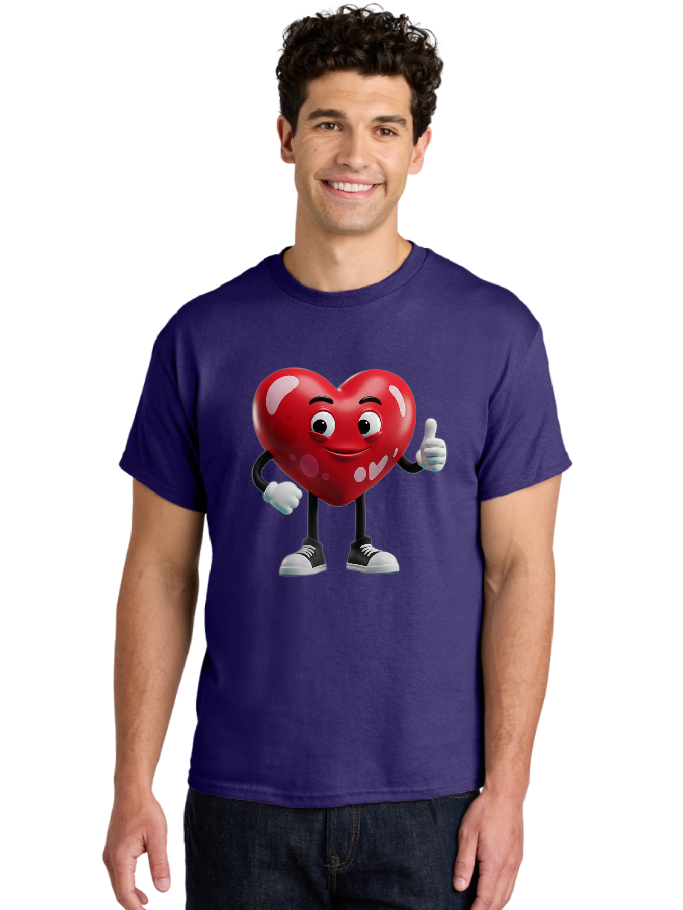 Heart-Character Men'S Graphic Tee, 100% Cotton, Comfortable Casual Summer Wear, Machine Washable, Cartoon Heart, Red Heart, Smiling Face, Thumbs Up, Approval, Positivity, Love, Happiness, Friendship, Gesture Of Approval, Cartoon Character Bae197