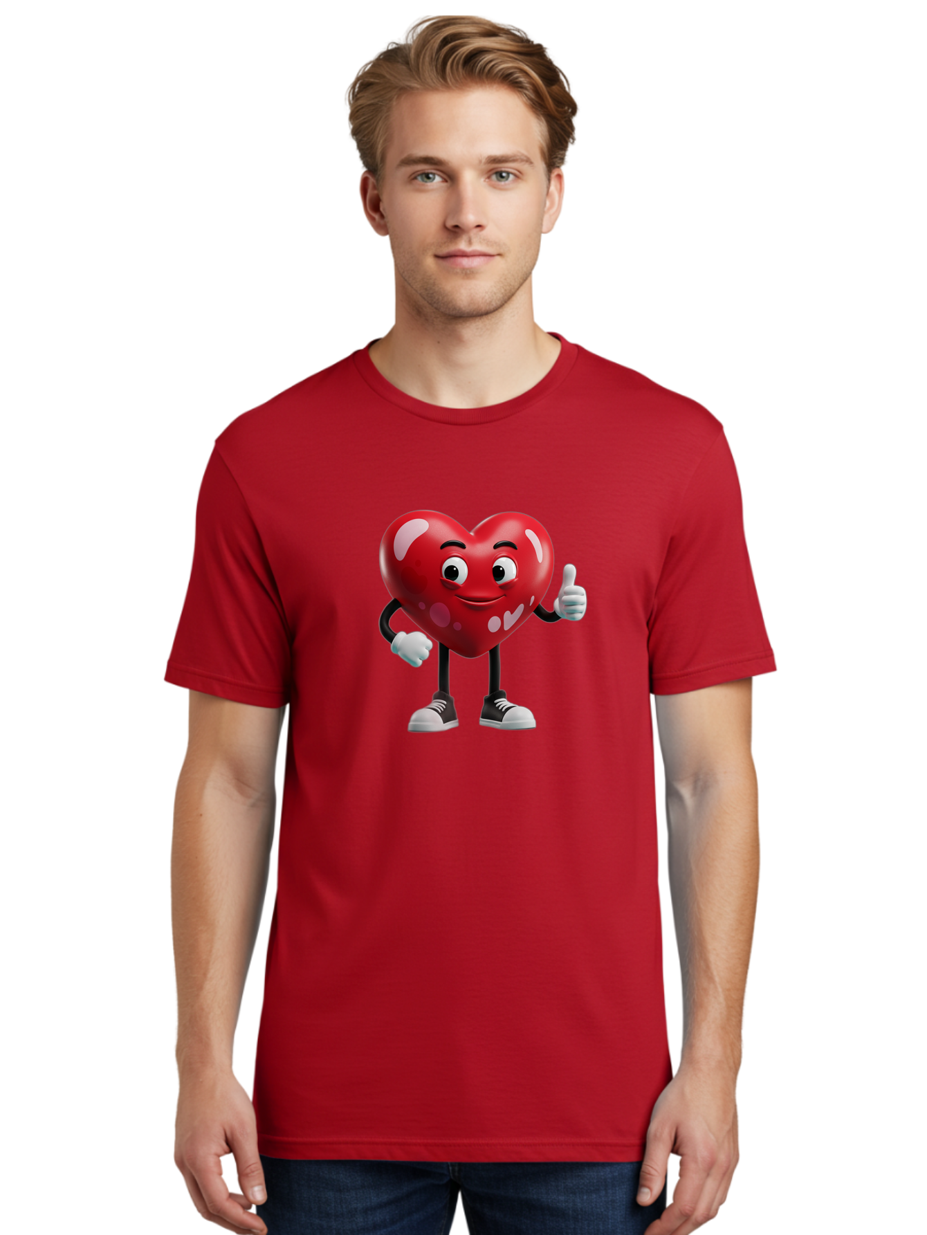 Heart-Character Men'S Graphic Tee, 100% Cotton, Comfortable Casual Summer Wear, Machine Washable, Cartoon Heart, Red Heart, Smiling Face, Thumbs Up, Approval, Positivity, Love, Happiness, Friendship, Gesture Of Approval, Cartoon Character Bae197