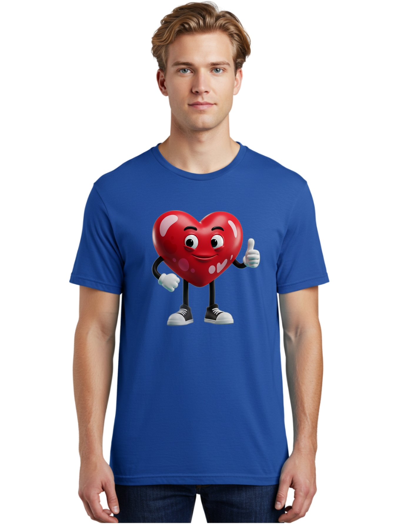 Heart-Character Men'S Graphic Tee, 100% Cotton, Comfortable Casual Summer Wear, Machine Washable, Cartoon Heart, Red Heart, Smiling Face, Thumbs Up, Approval, Positivity, Love, Happiness, Friendship, Gesture Of Approval, Cartoon Character Bae197